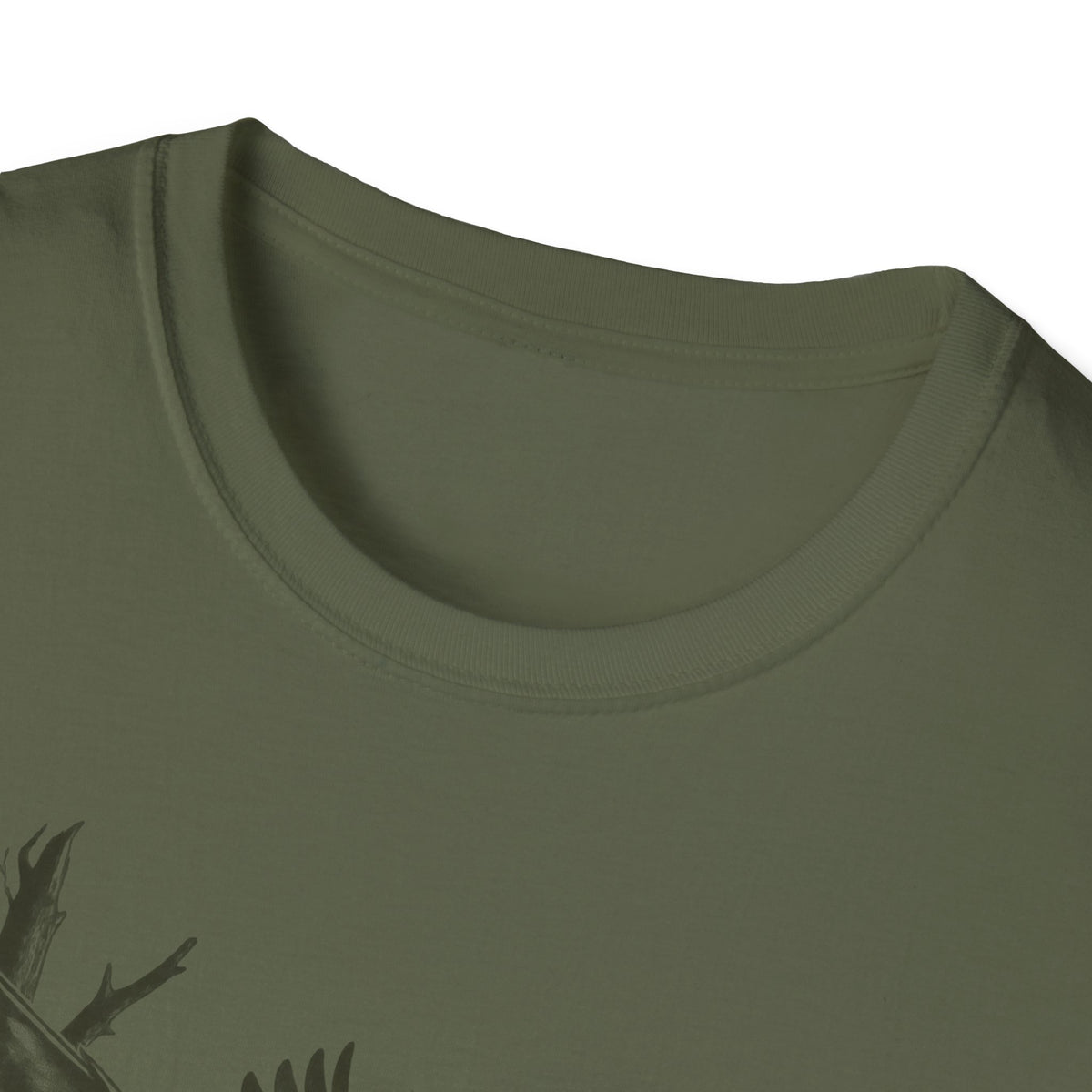 Military green crew-neck T-shirt neckline and shoulder seam detail