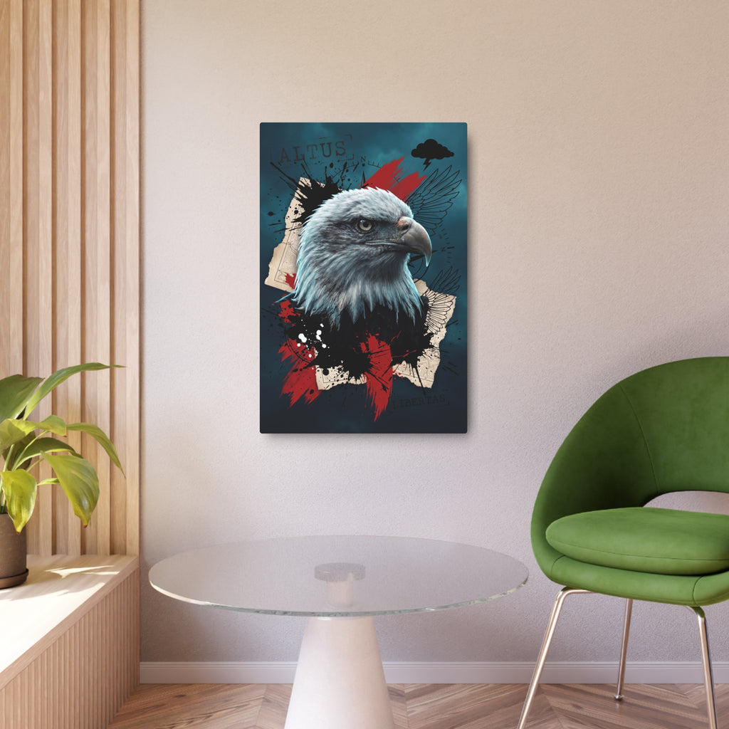 Adler-Wandposter: weißer Kopf, Flügel und rote Farbspritzer auf dunklem Hintergrund