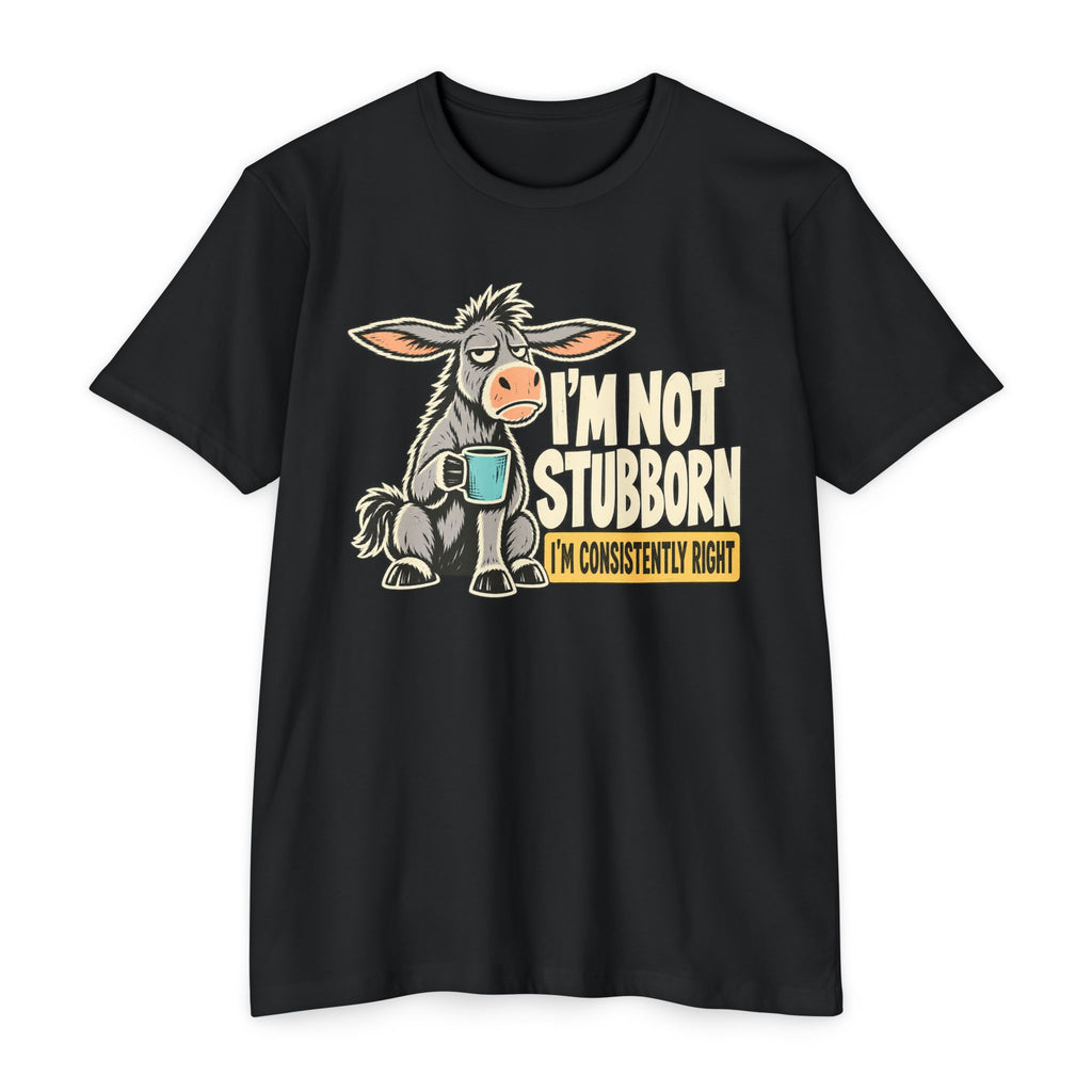 Black crewneck graphic T-shirt with donkey holding a coffee mug; slogan “I’m not stubborn”