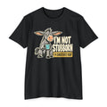Black crewneck graphic T-shirt with donkey holding a coffee mug; slogan “I’m not stubborn”