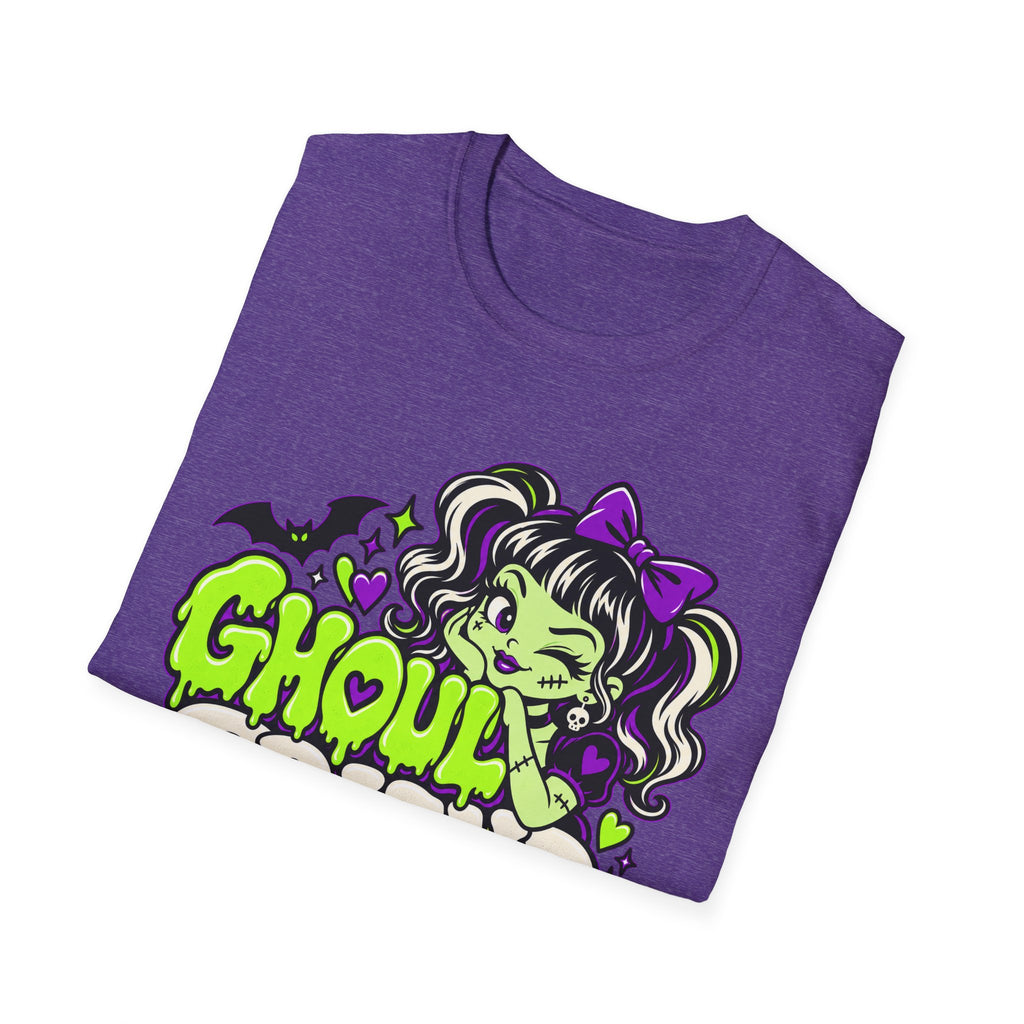 Purple Halloween t-shirt with green “GHOUL” text and cartoon monster girl illustration