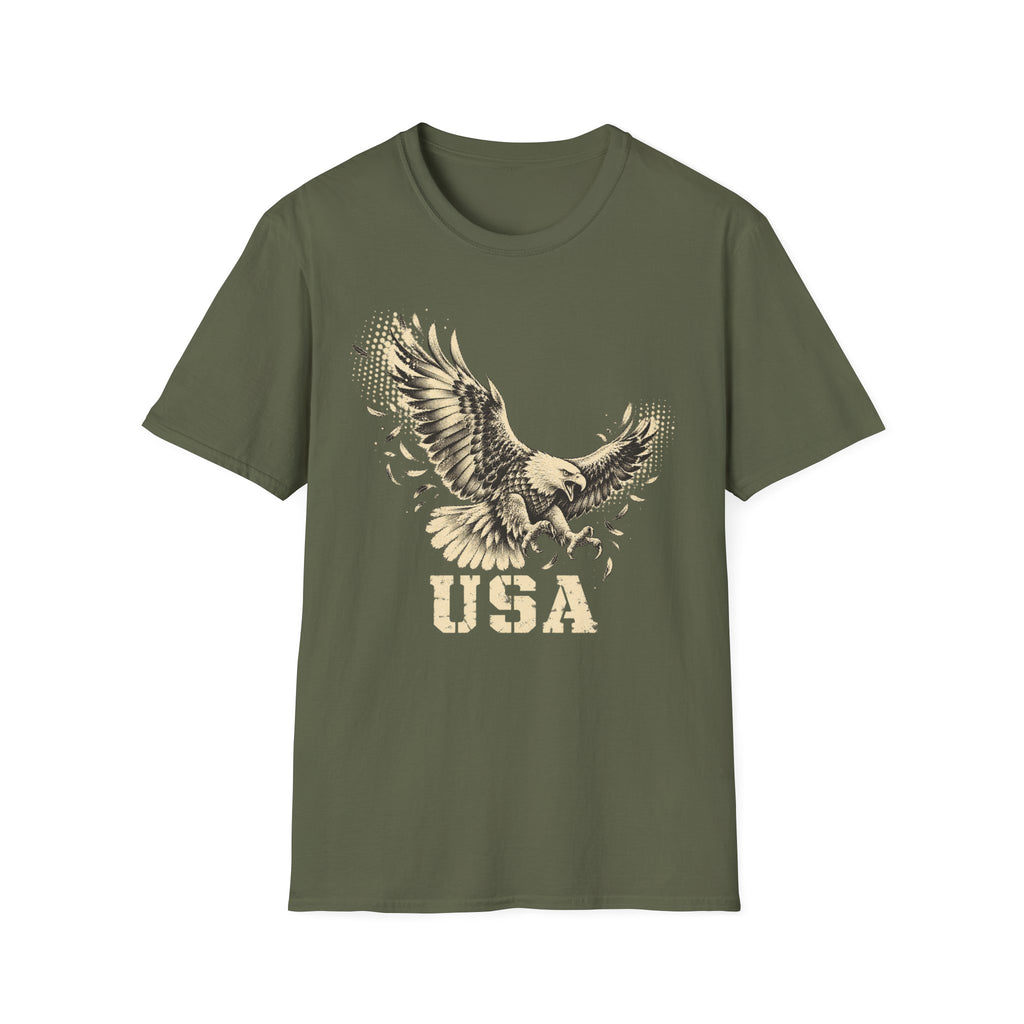 Olive green crew-neck T-shirt with soaring bald eagle and “USA” graphic print