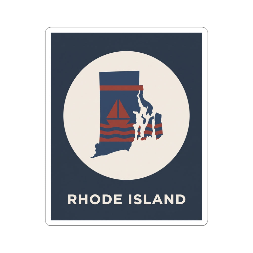 Rhode Island nautical map sticker: dark blue rectangle with white circle and sailboat graphic