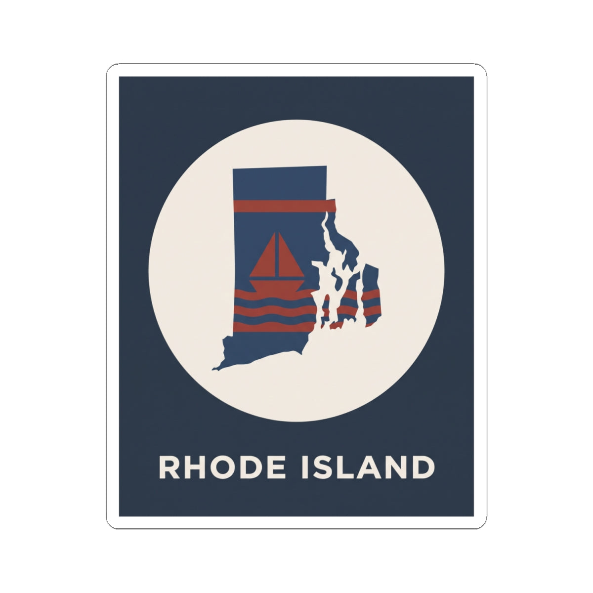 Rhode Island nautical map sticker: dark blue rectangle with white circle and sailboat graphic