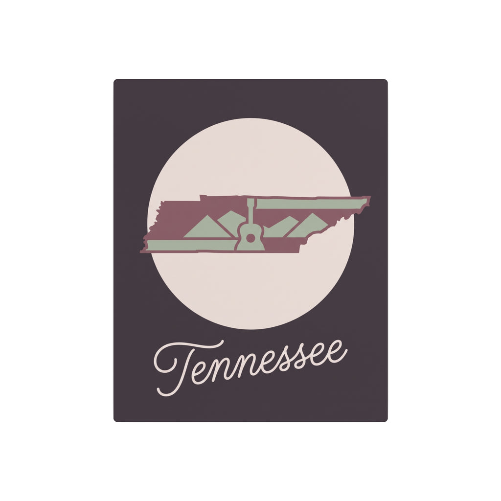 Tennessee metal wall art, dark mauve square with circular state graphic and Tennessee script