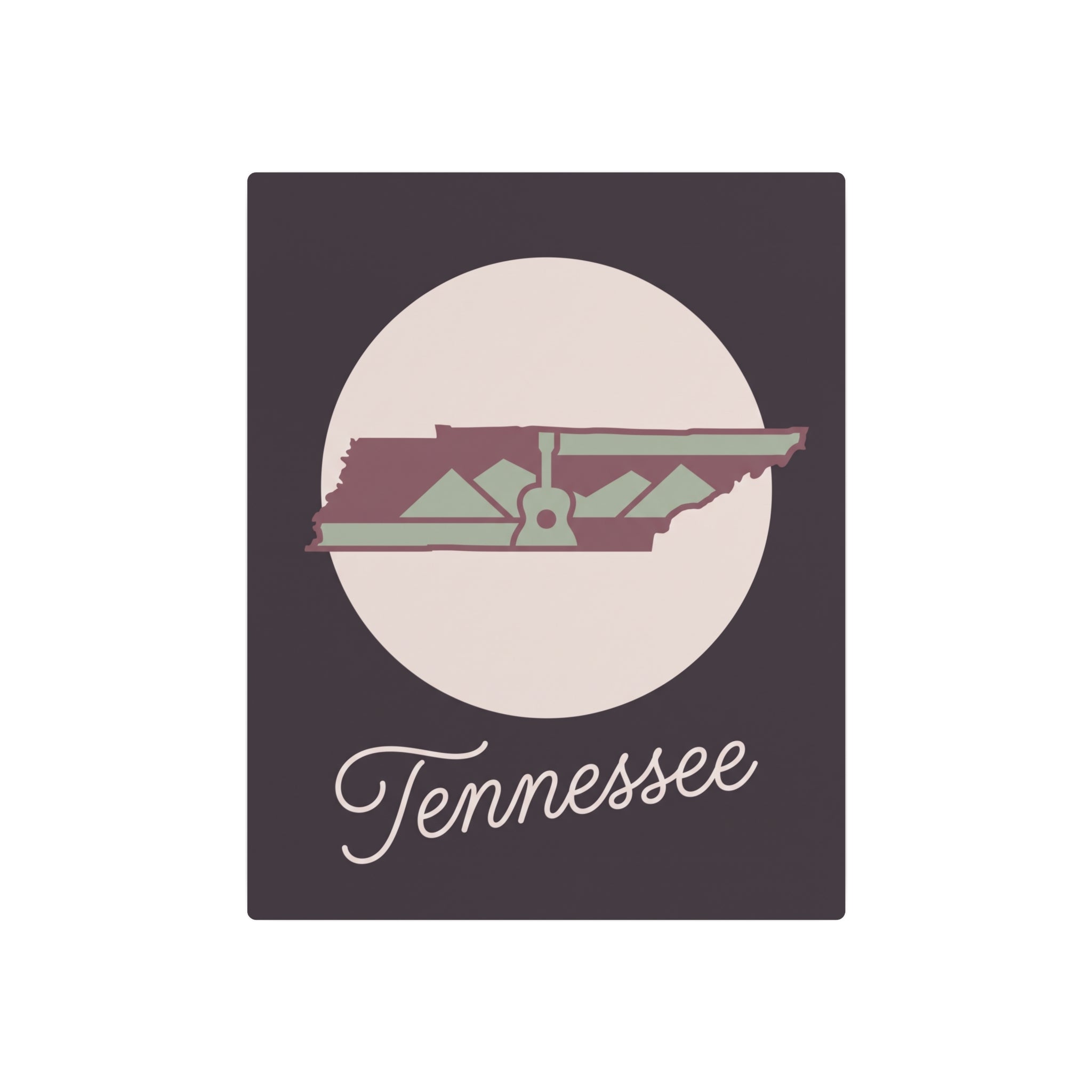 Tennessee metal wall art, dark mauve square with circular state graphic and Tennessee script