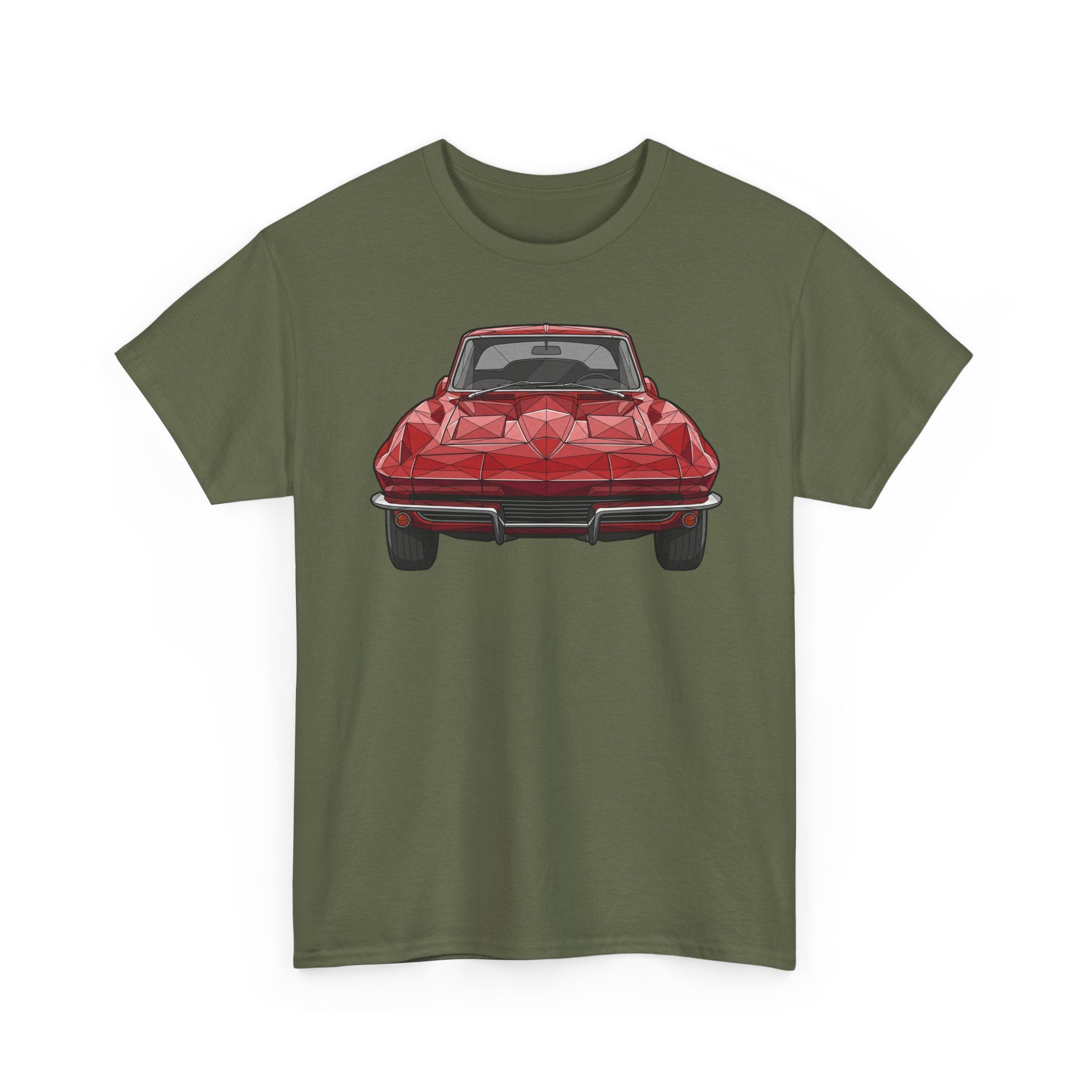 Graphic sports coupe T-shirt in military green, front view car print