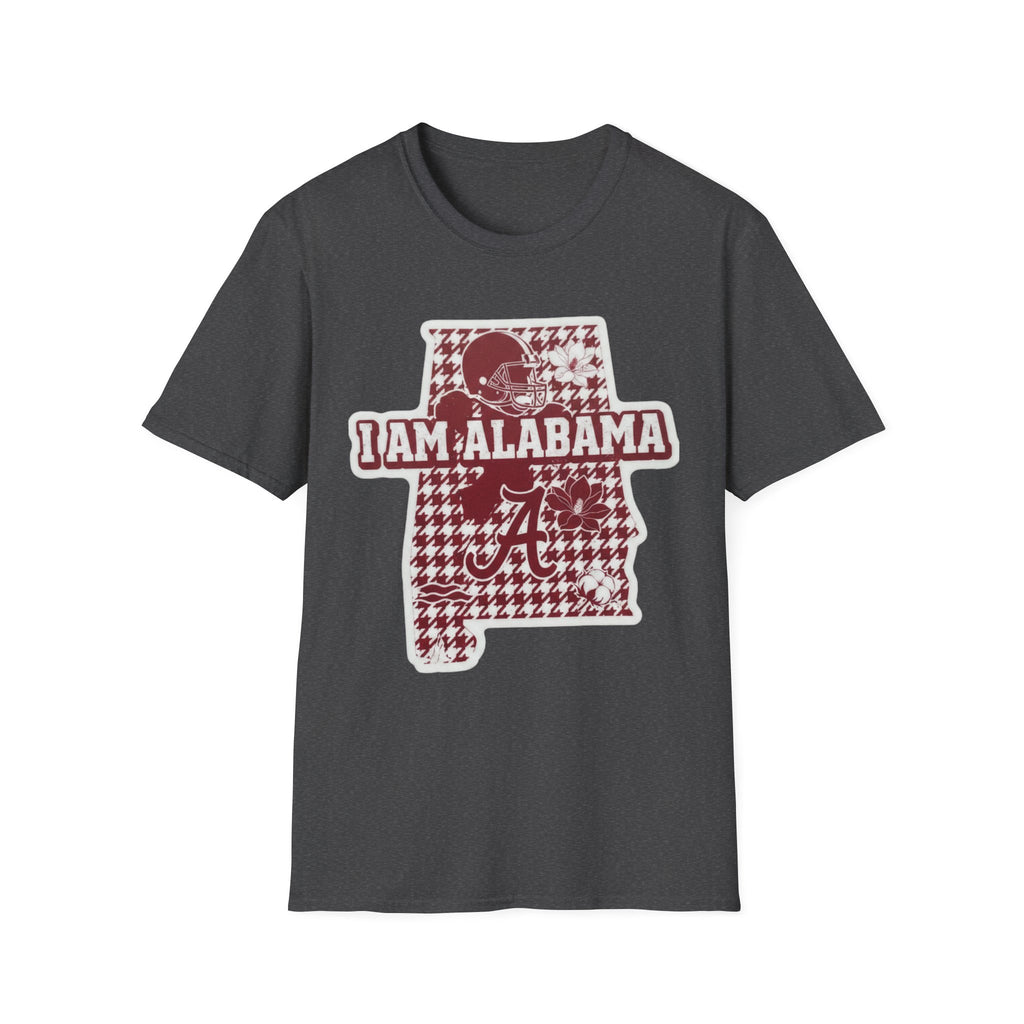 I Am Alabama houndstooth graphic T-shirt, Graphite Heather, maroon state graphic