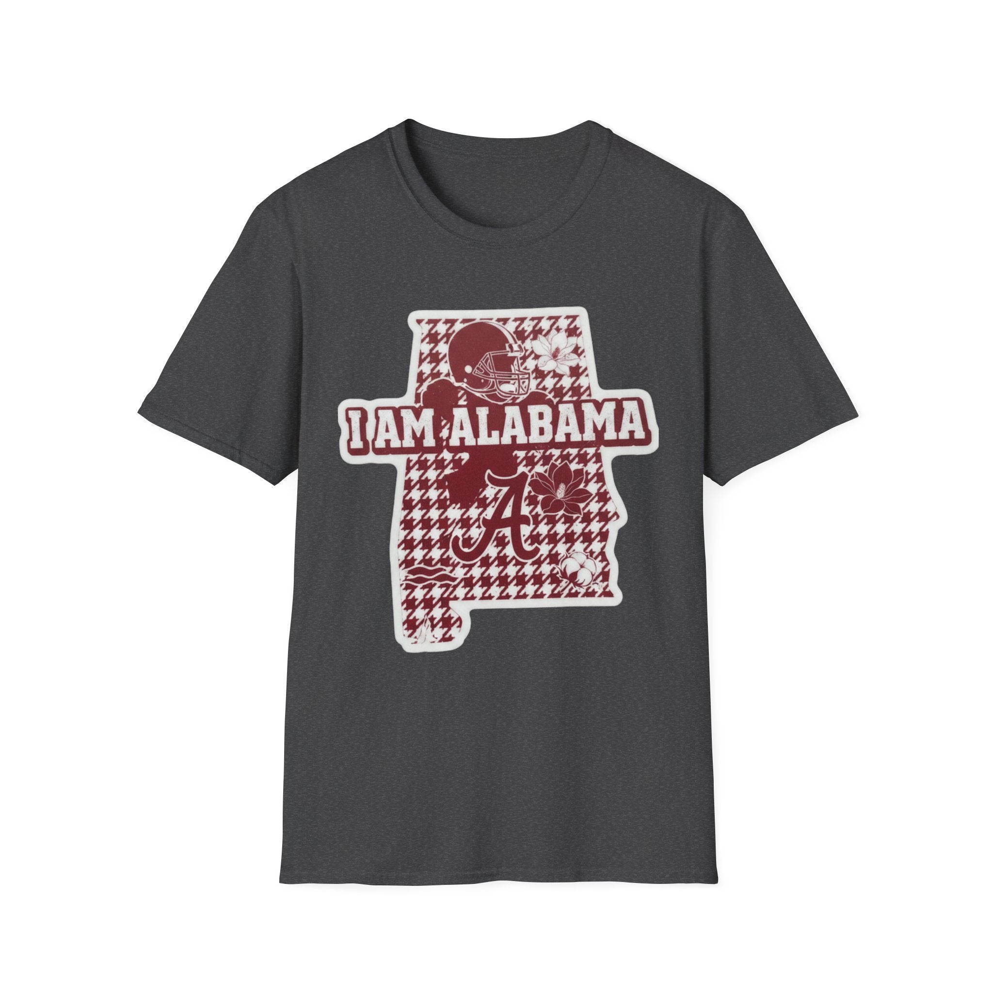 I Am Alabama houndstooth graphic T-shirt, Graphite Heather, maroon state graphic