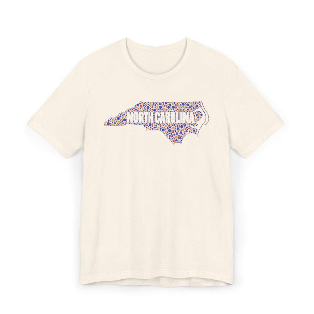 Cream T-shirt with colorful North Carolina floral map outline graphic on chest