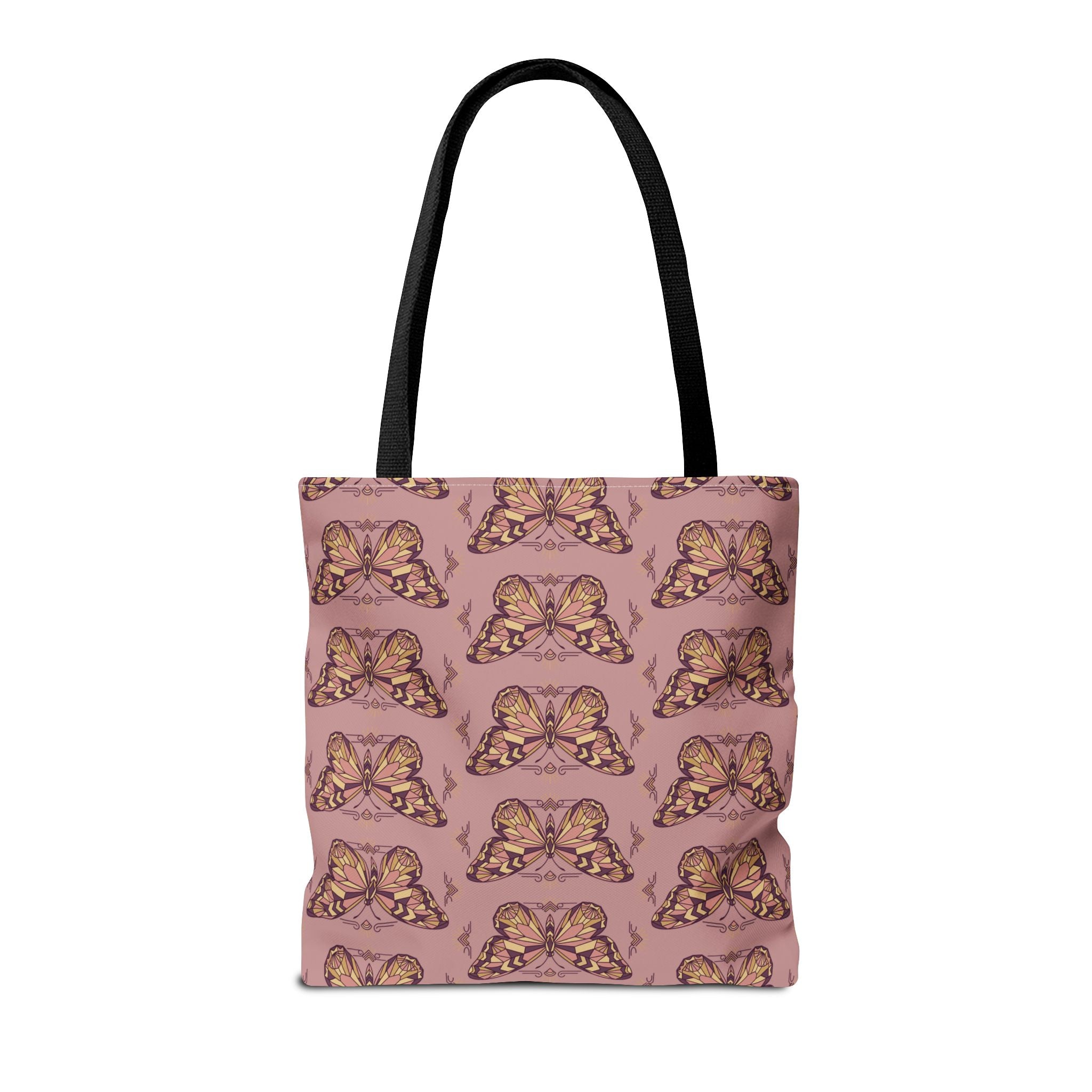 Pink tote bag featuring a vintage butterfly pattern and black top handles