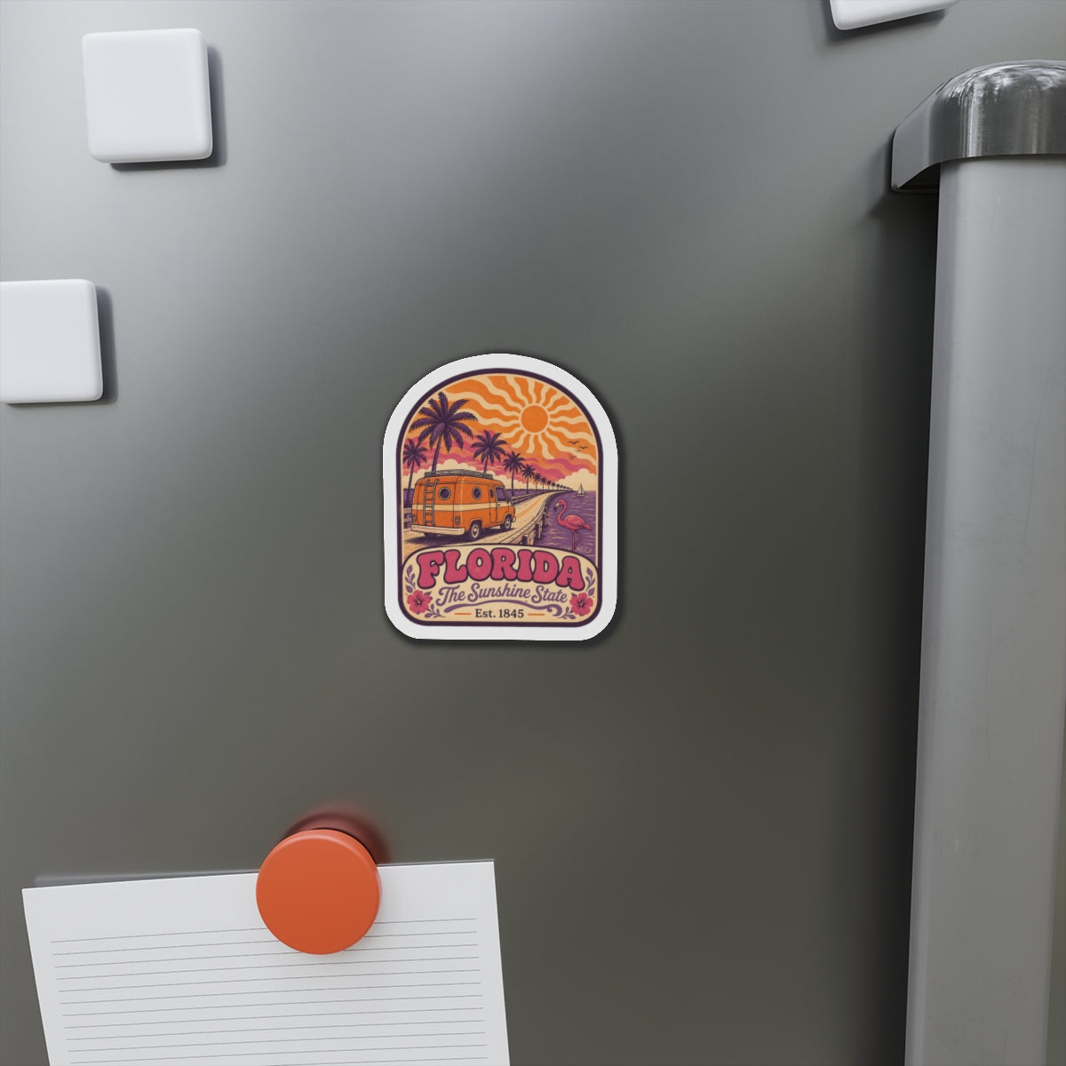 Florida die-cut magnet on stainless refrigerator door
