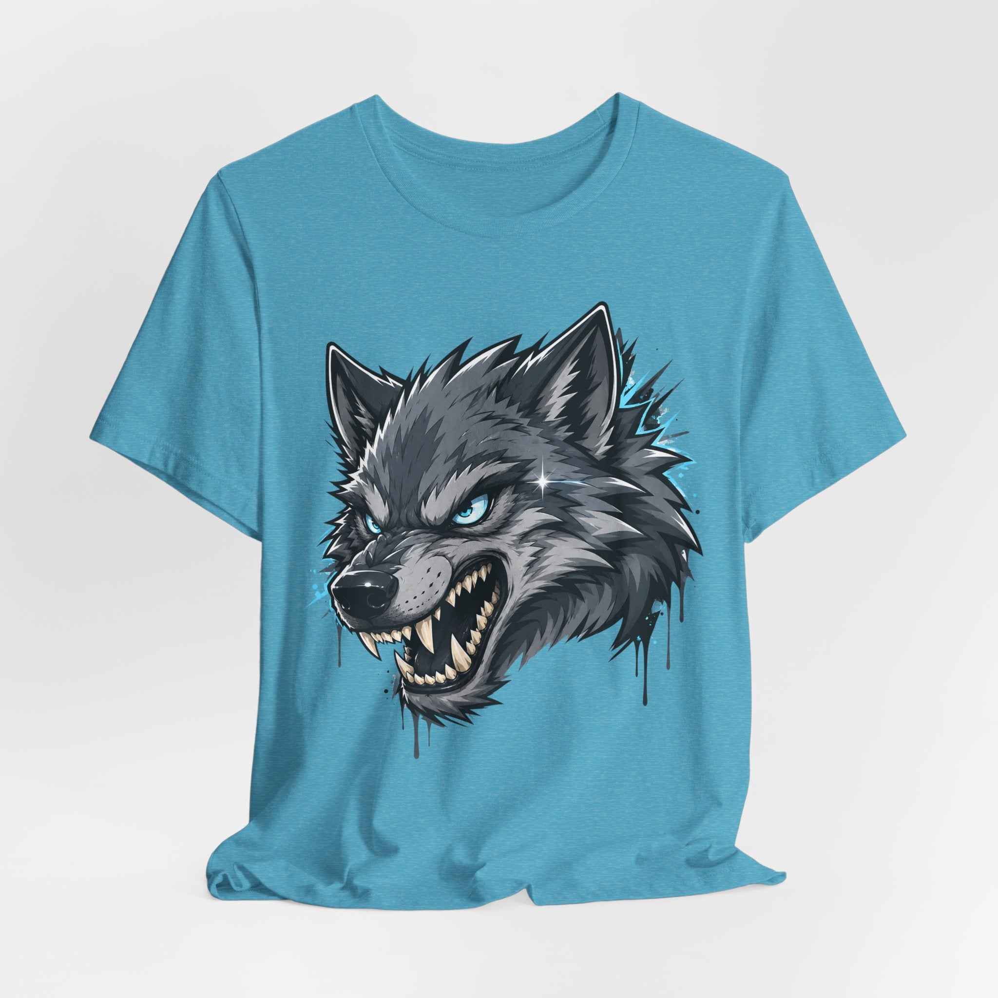 Aqua crew-neck t-shirt with snarling wolf head graphic, short sleeves.