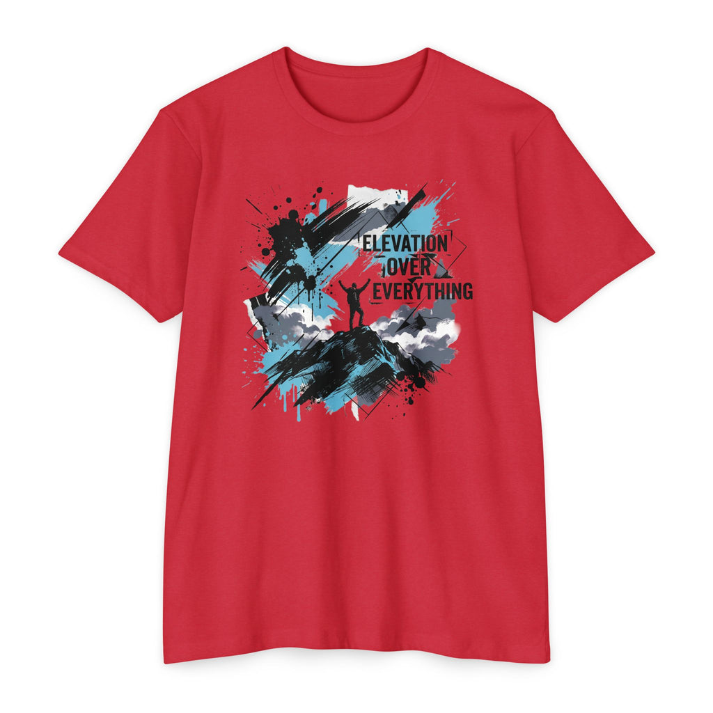Red unisex graphic T-shirt with mountain silhouette and colorful splatter text print