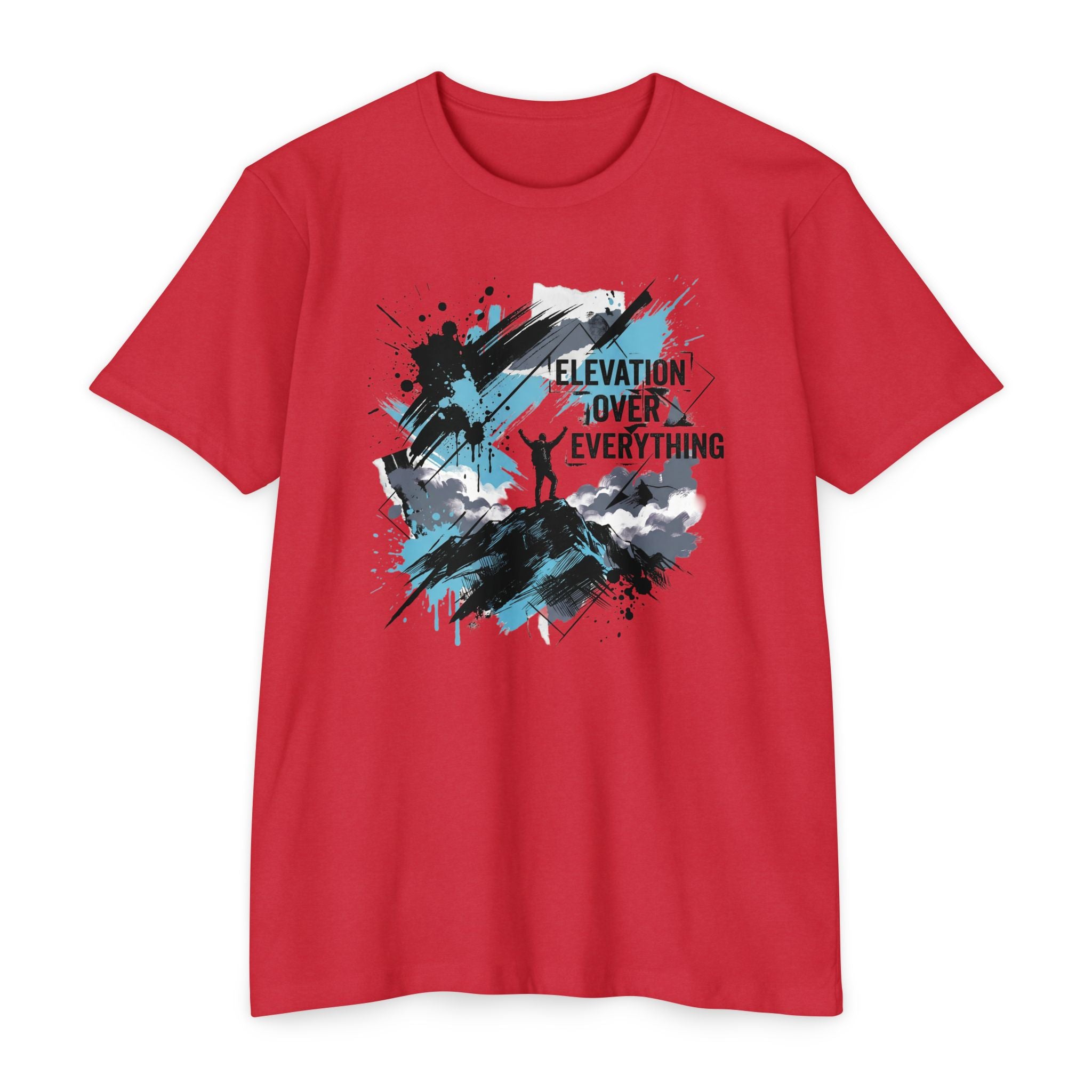 Red unisex graphic T-shirt with mountain silhouette and colorful splatter text print
