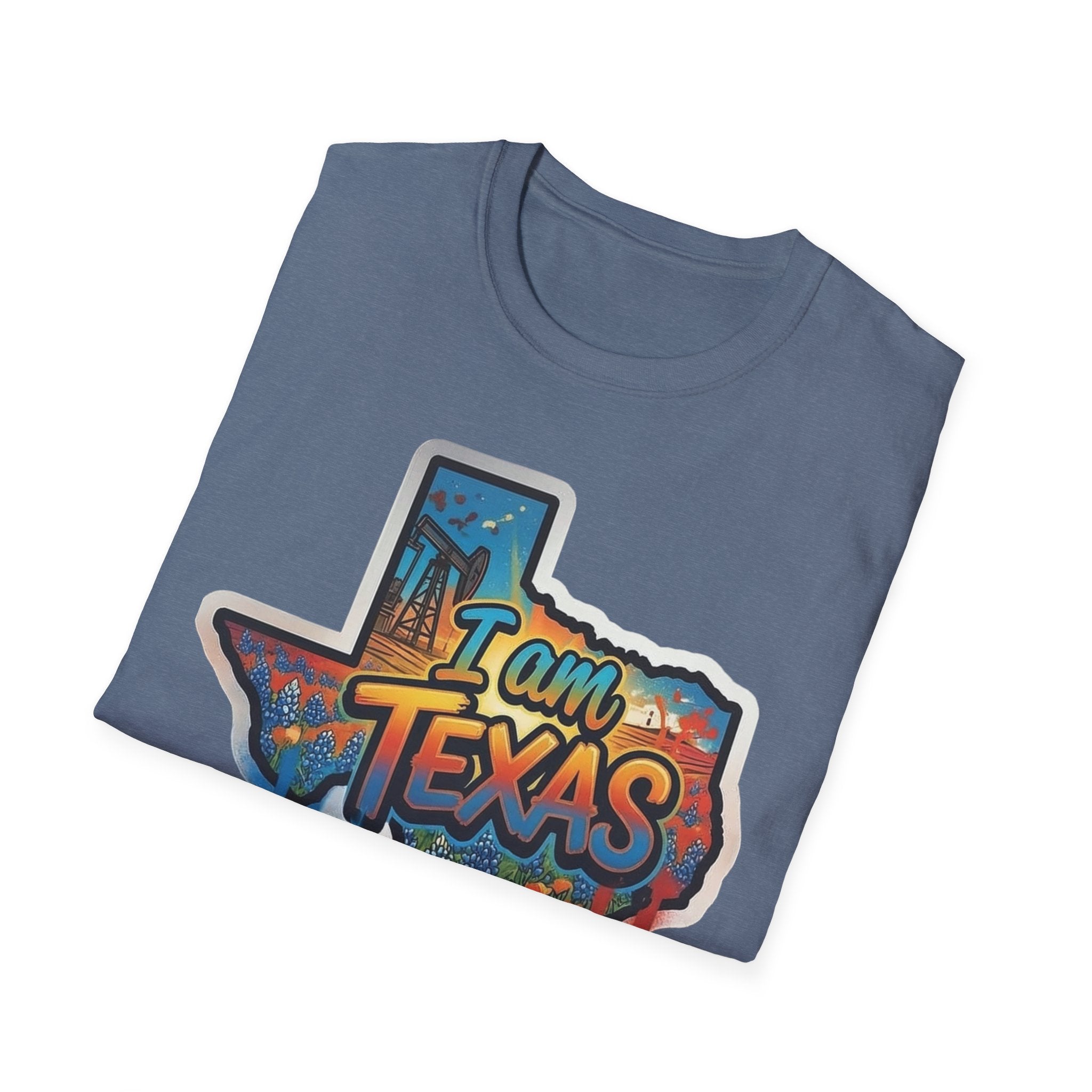 I Am Texas T-shirt, blue, state outline graffiti skyline 'I am TEXAS'