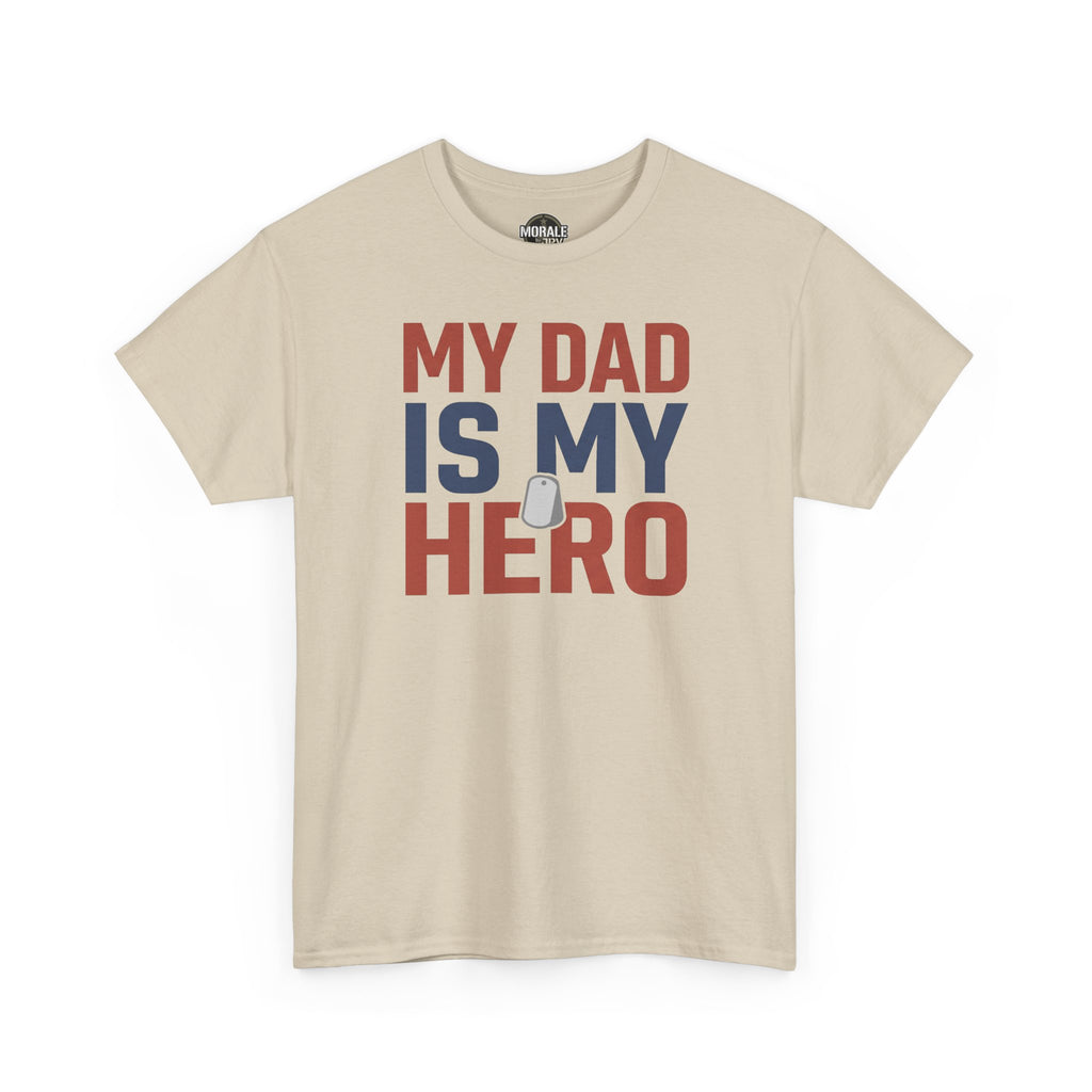 Sand crewneck T-shirt with "MY DAD IS MY HERO" graphic