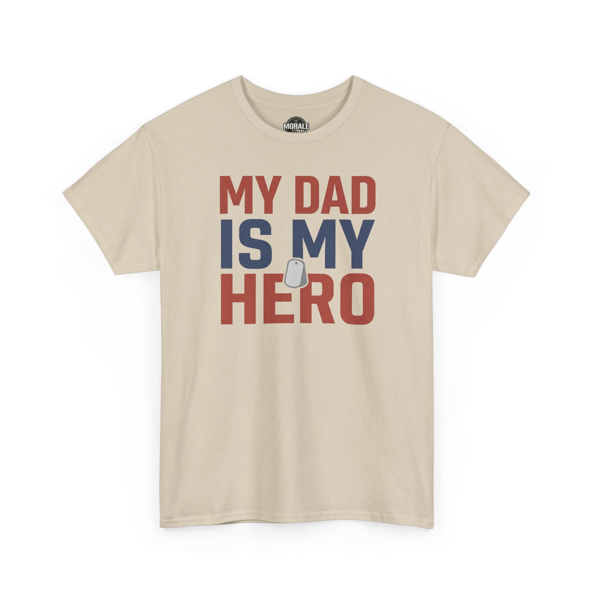 Sand crewneck T-shirt with "MY DAD IS MY HERO" graphic
