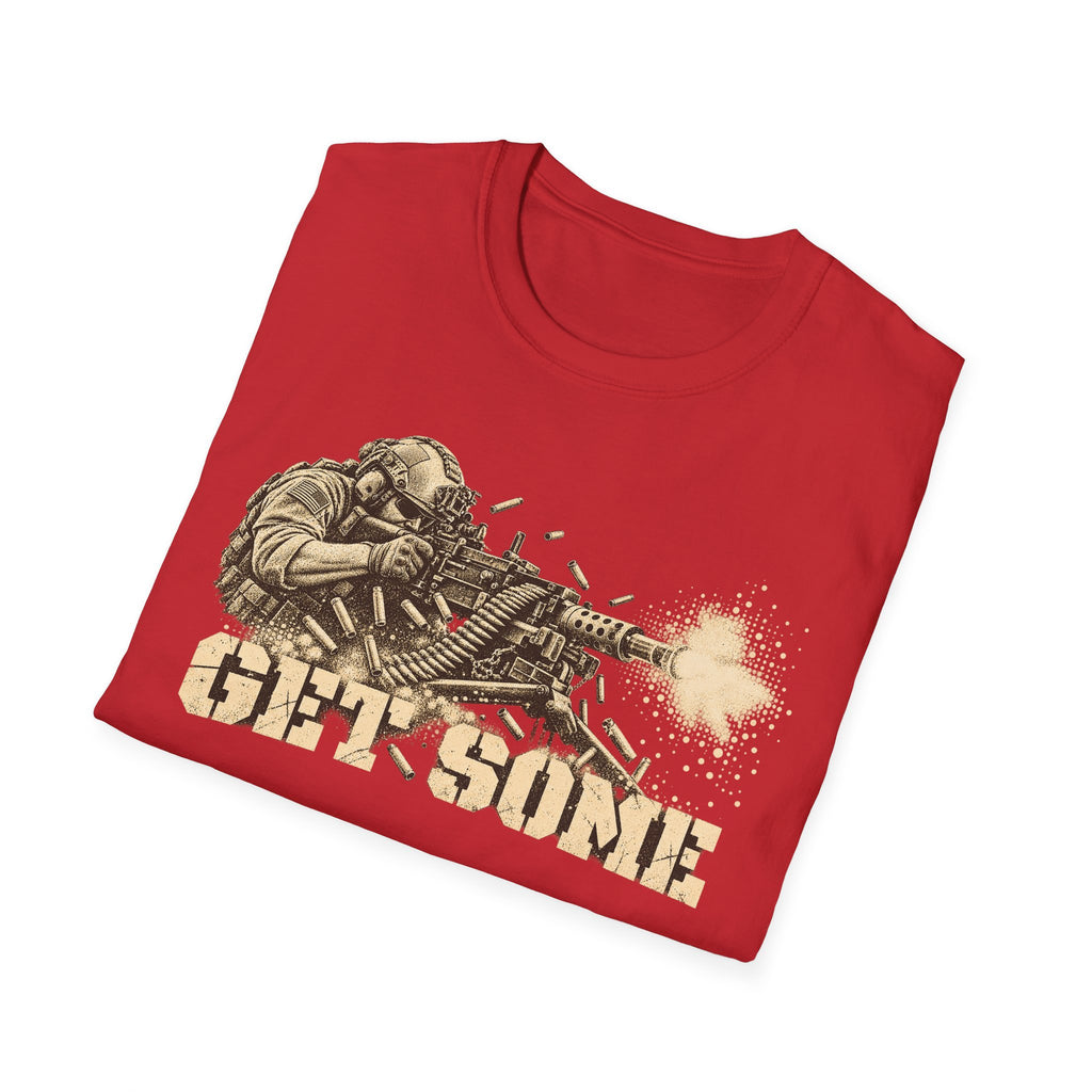 Red t-shirt with vintage soldier and machine gun graphic, bold text across chest.