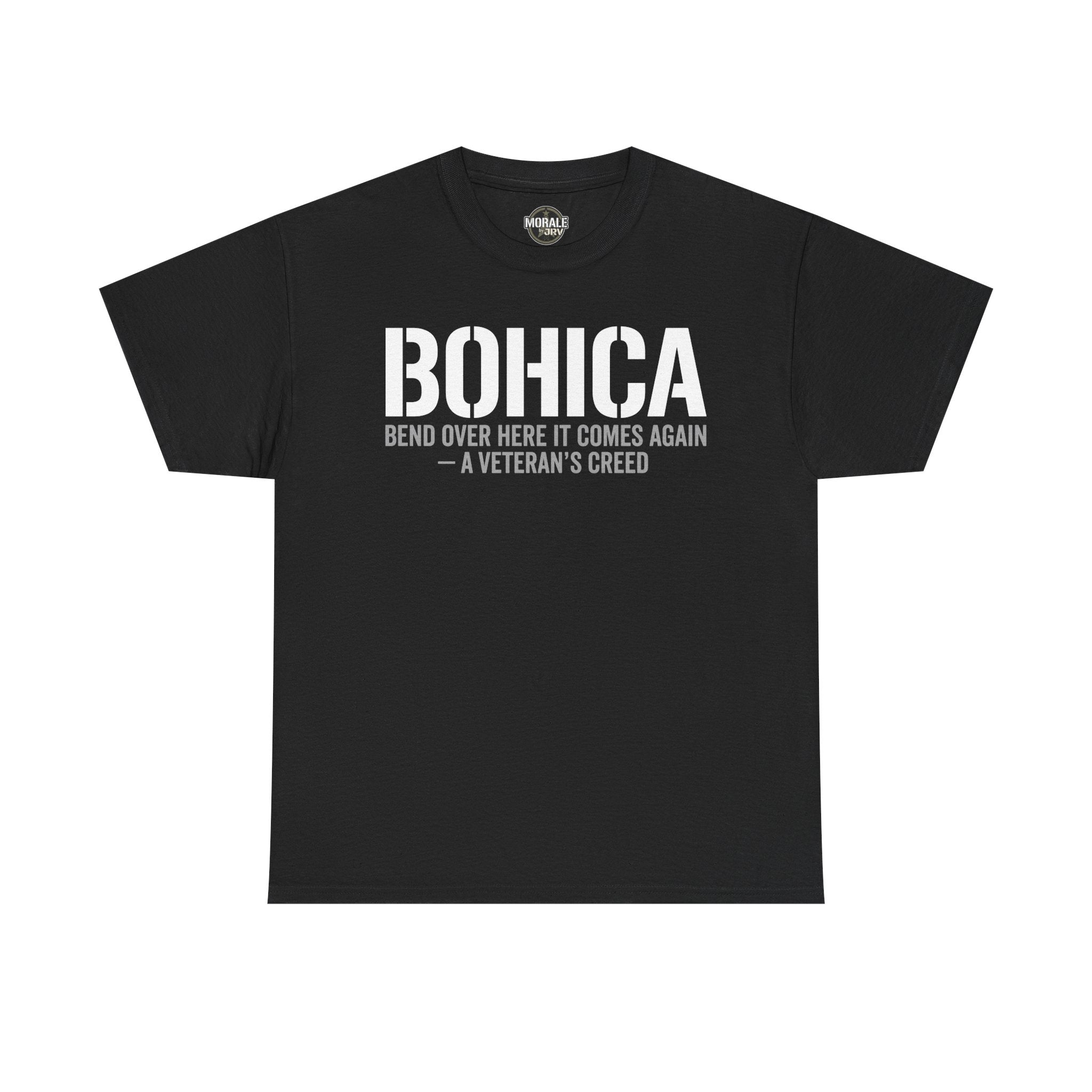 Black BOHICA graphic T-shirt with large BOHICA and creed text front print