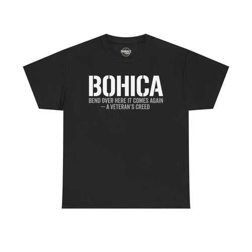 Black BOHICA graphic T-shirt with large BOHICA and creed text front print
