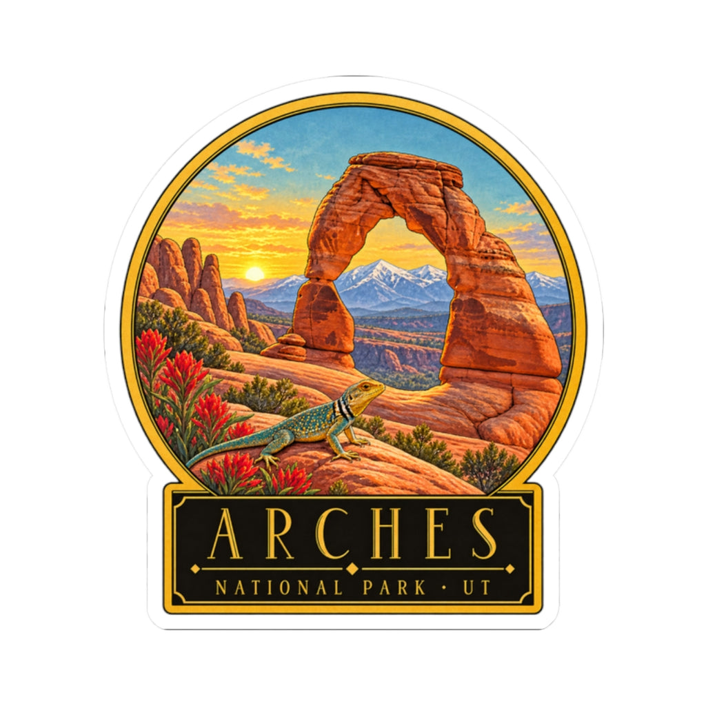 Circular kiss-cut vinyl sticker: Arches arch rock scene with green lizard and UT nameplate.