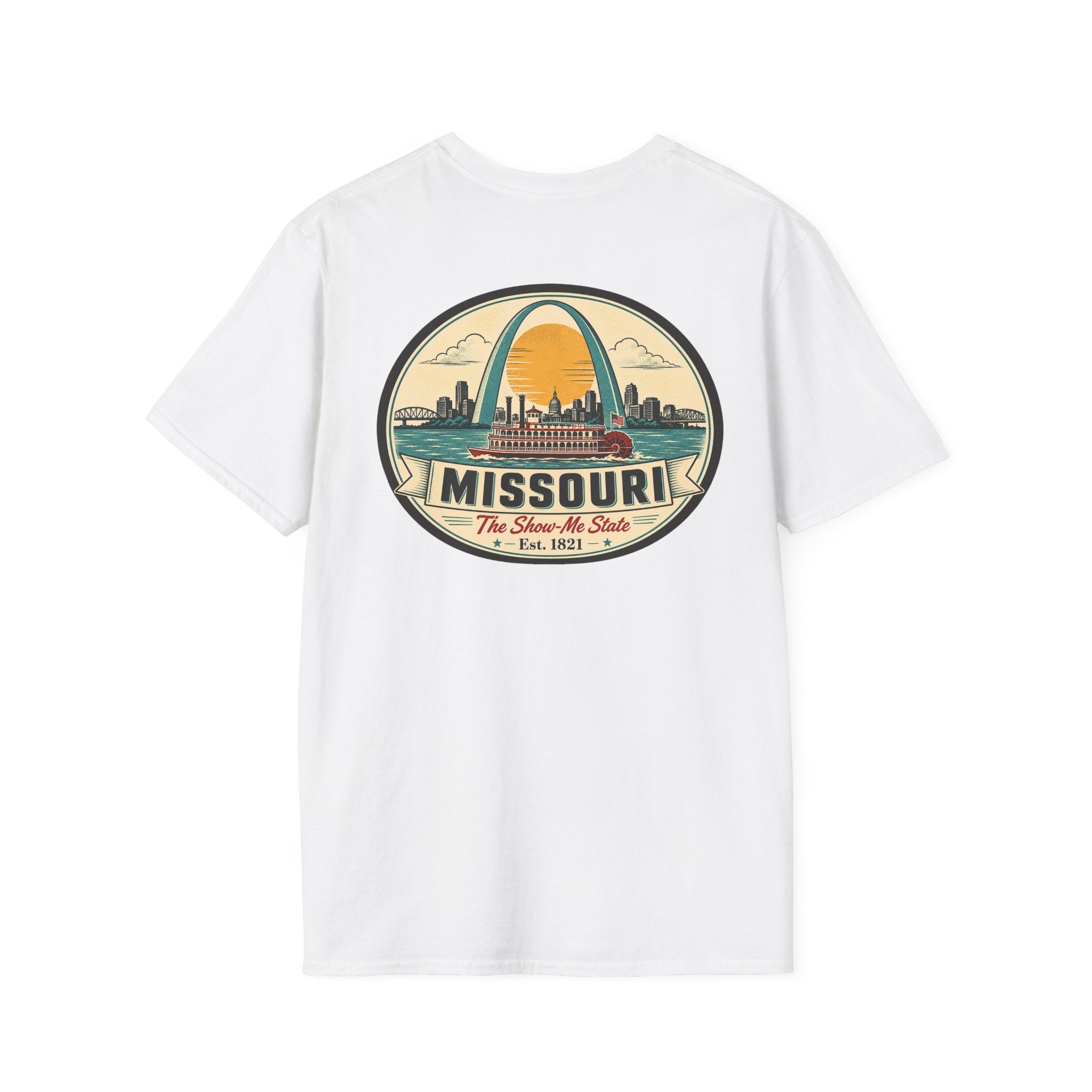 Missouri T-shirt in white with circular arch graphic and “Missouri” text