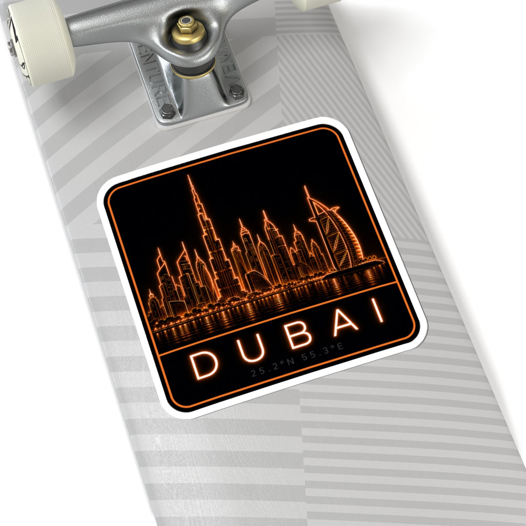 Neon Dubai skyline sticker, orange skyline and DUBAI letters on black rounded square