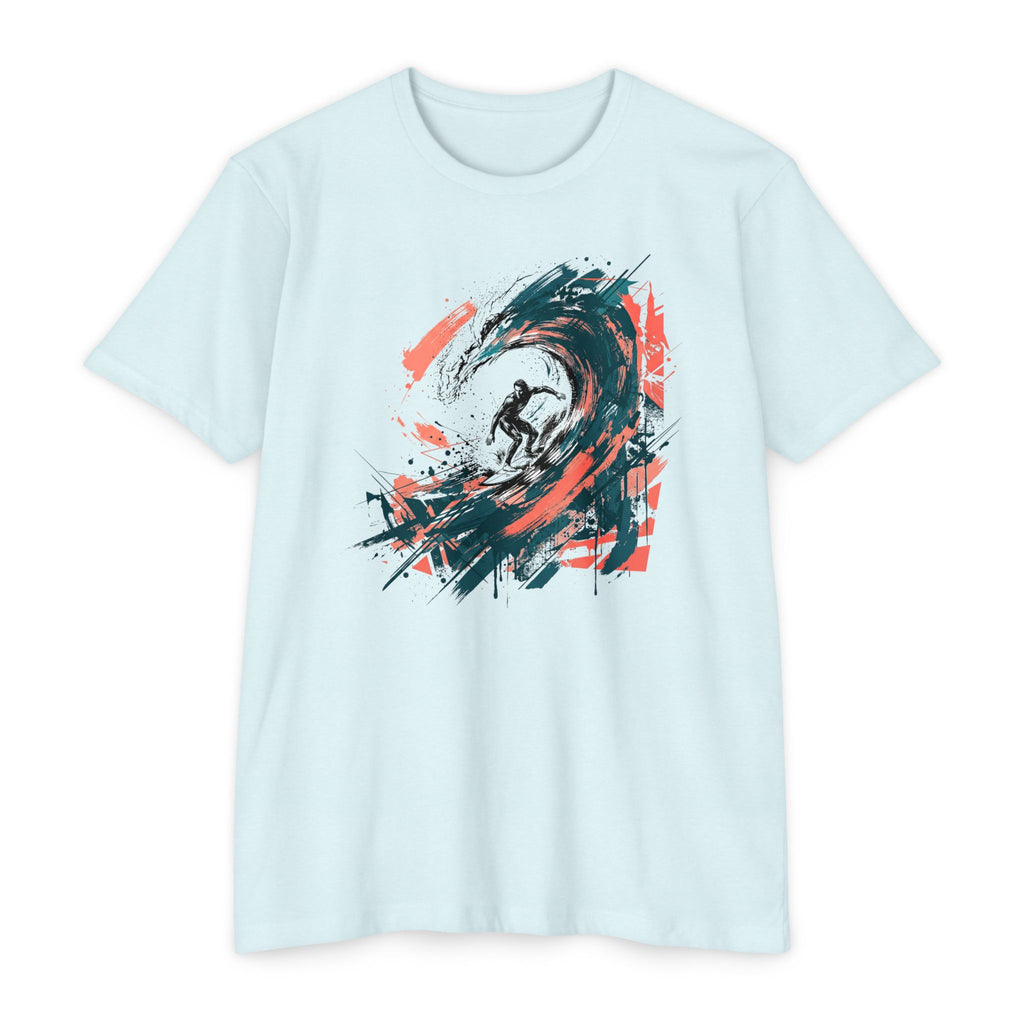 Unisex T-shirt in light blue with abstract surfer wave paintbrush graphic on front.