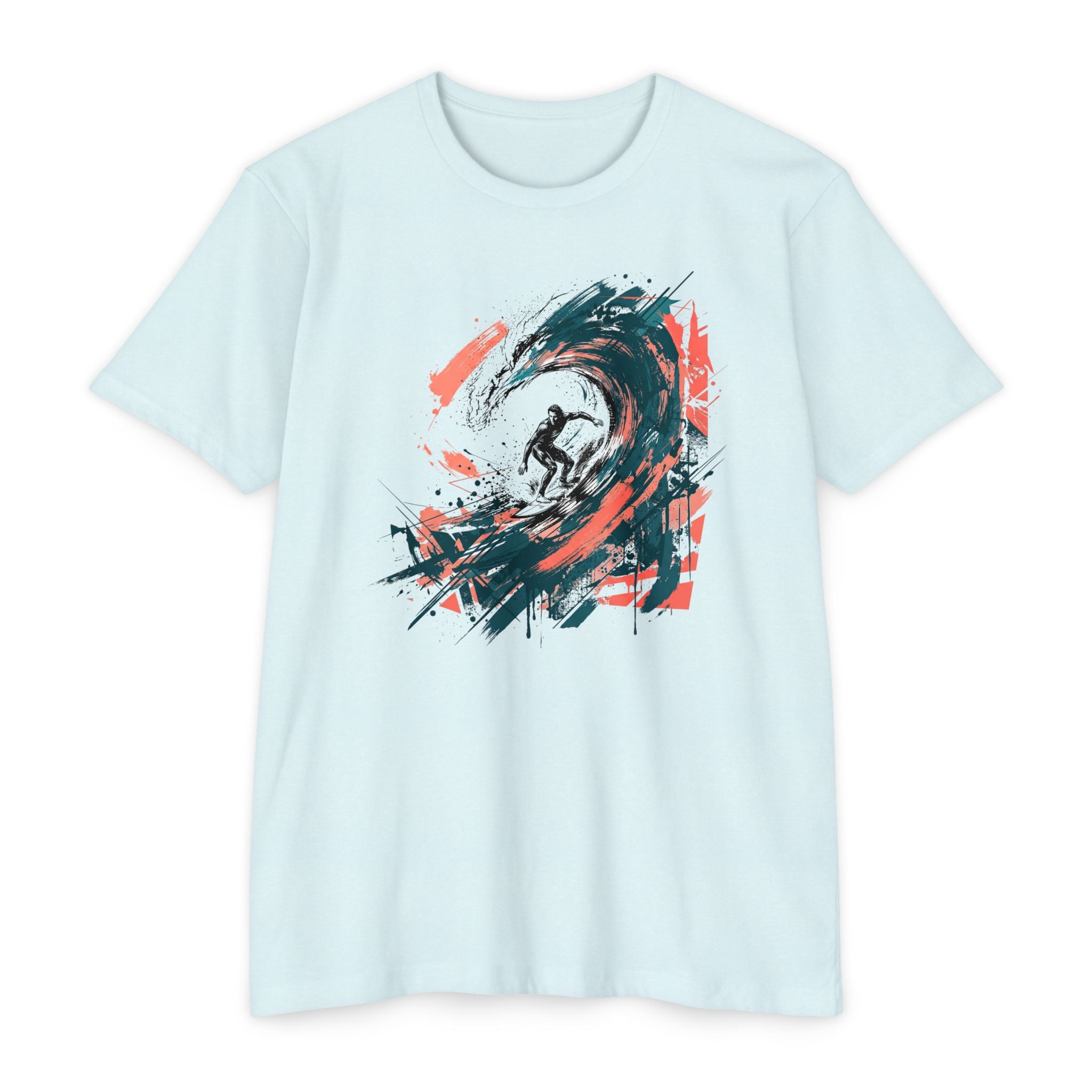 Unisex T-shirt in light blue with abstract surfer wave paintbrush graphic on front.