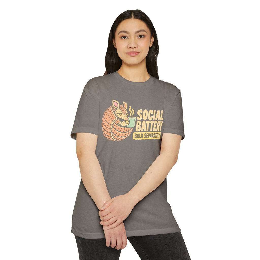 Gray t-shirt with armadillo Social Battery graphic on front