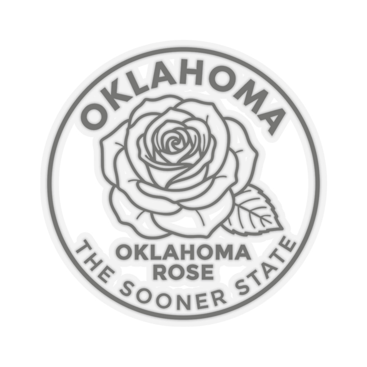 Transparent vinyl Oklahoma rose seal sticker, circular outline with rose and state text ring