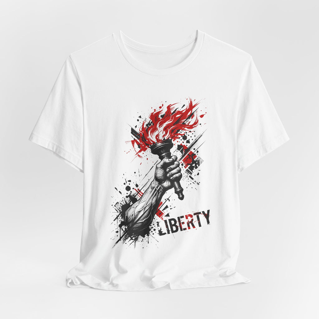 White Liberty torch graphic t-shirt with red flames and black splatter, front view