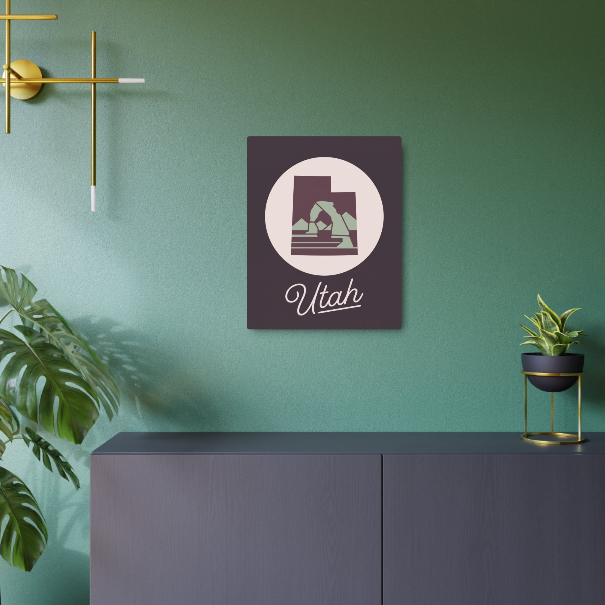 Square Utah metal wall sign with circular logo and green state map, 'Utah' text