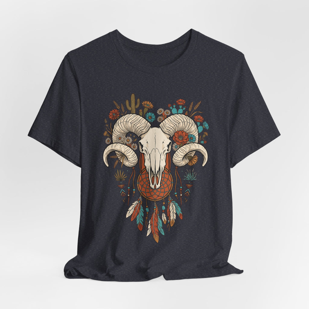 Heather Navy T-Shirt mit Widderkopf, Hörnern und buntem Blumen-Feder-Design im Zentrum