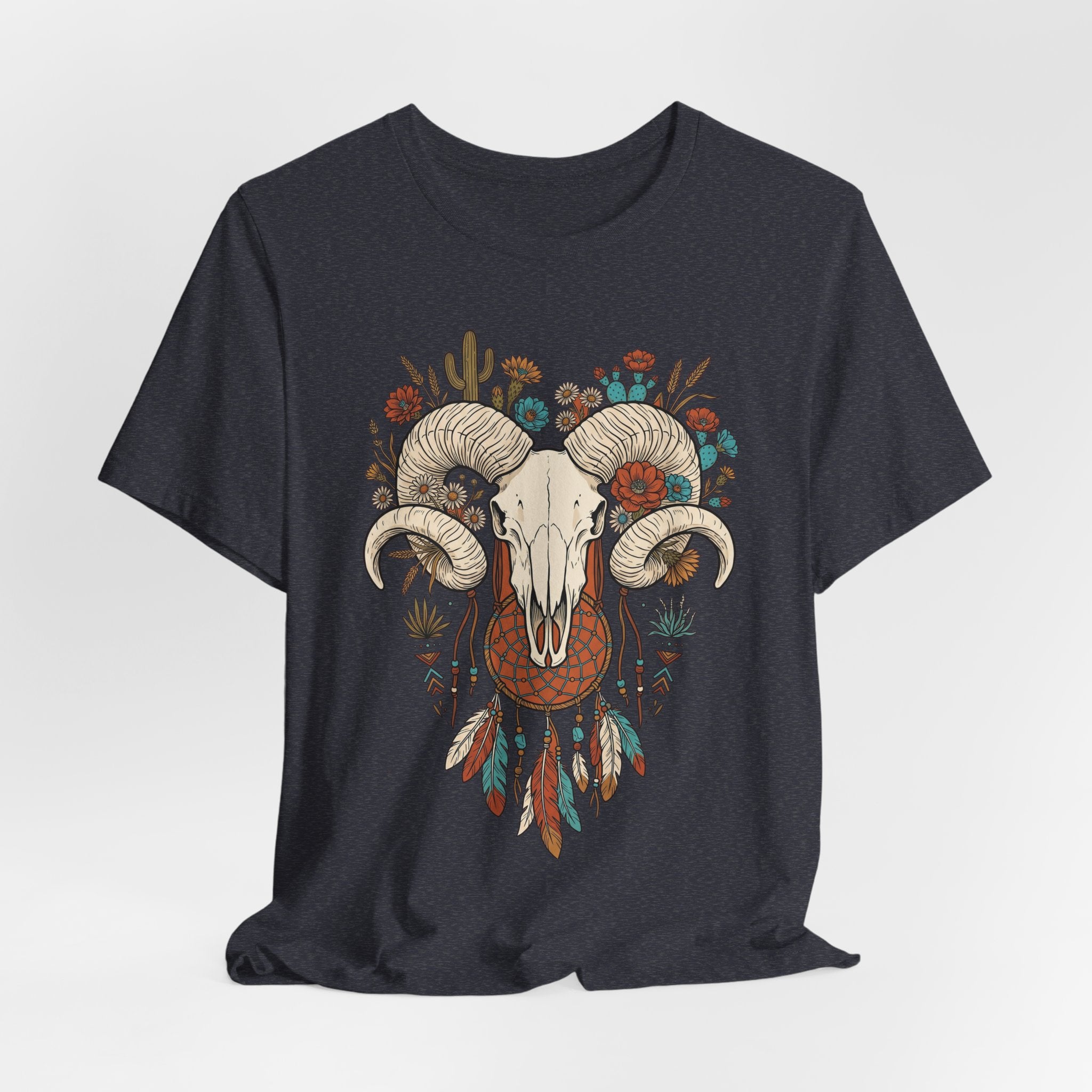 Heather Navy T-Shirt mit Widderkopf, Hörnern und buntem Blumen-Feder-Design im Zentrum