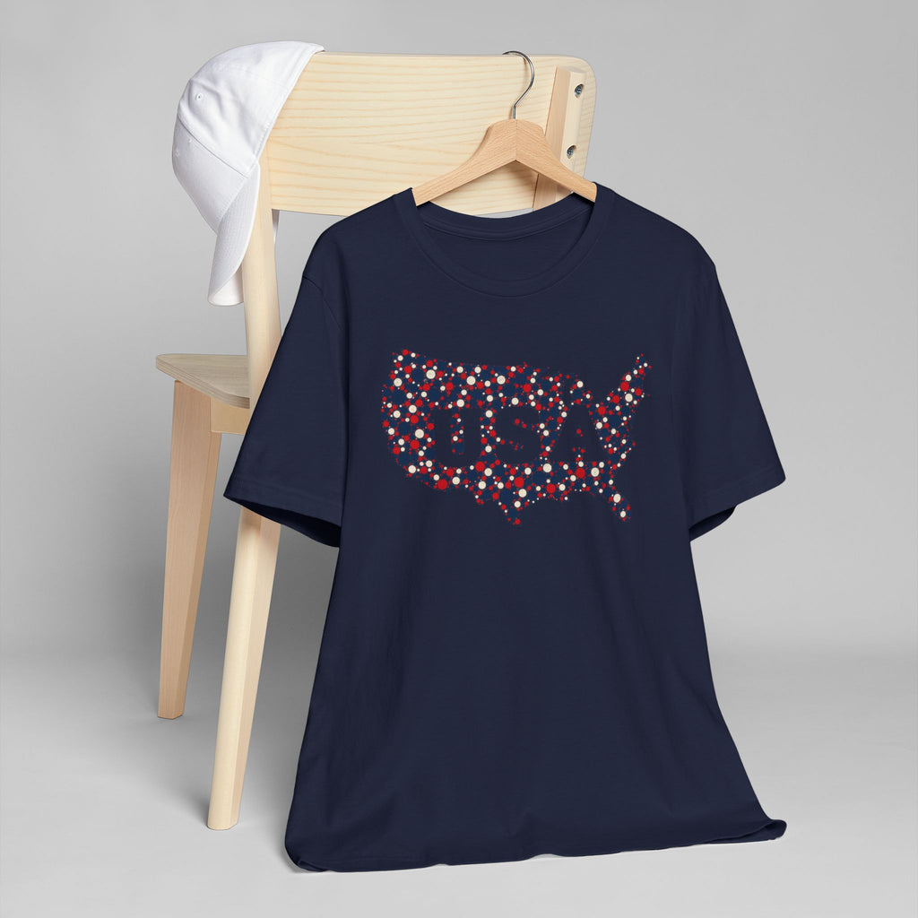Navy t-shirt with colorful USA outline dot graphic, crew neck