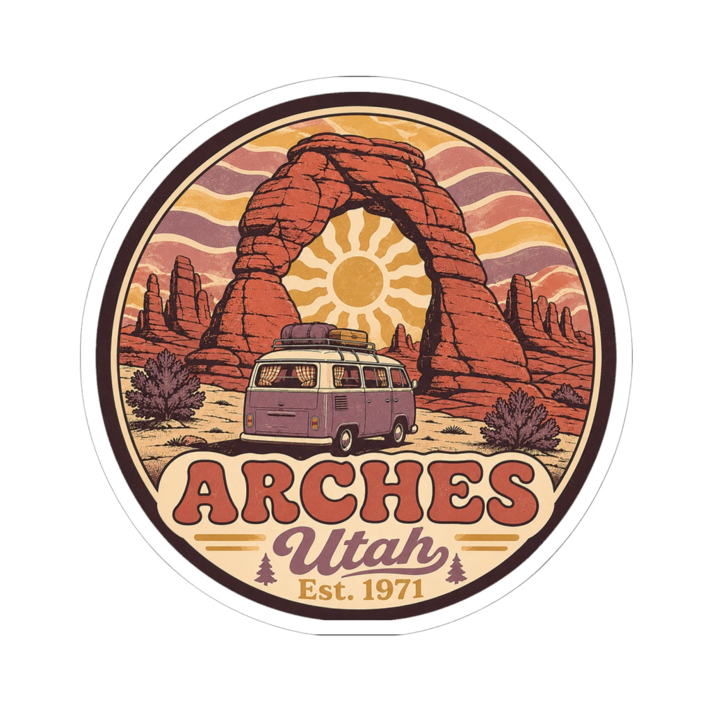 Kiss-cut round sticker showing red rock arch, sunburst, camper van, and "ARCHES"