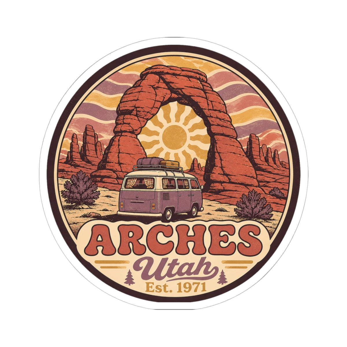 Kiss-cut round sticker showing red rock arch, sunburst, camper van, and "ARCHES"