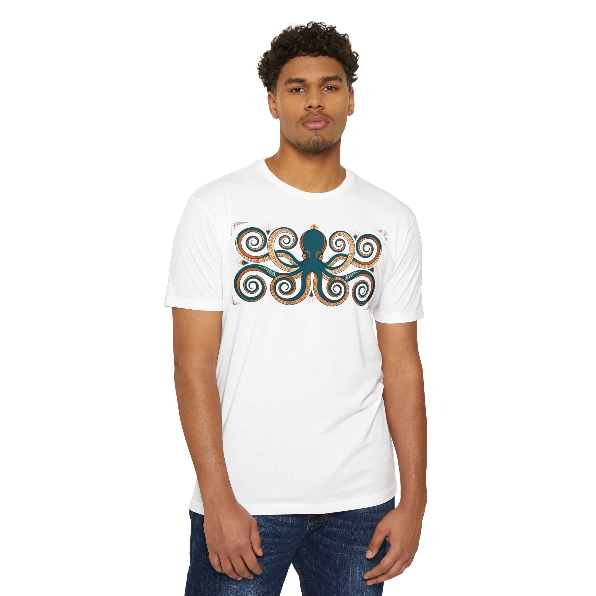 White octopus graphic T-shirt with teal cephalopod and tan swirls across chest
