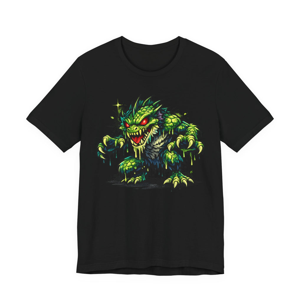 Black T-shirt with green swamp monster illustration graphic on front