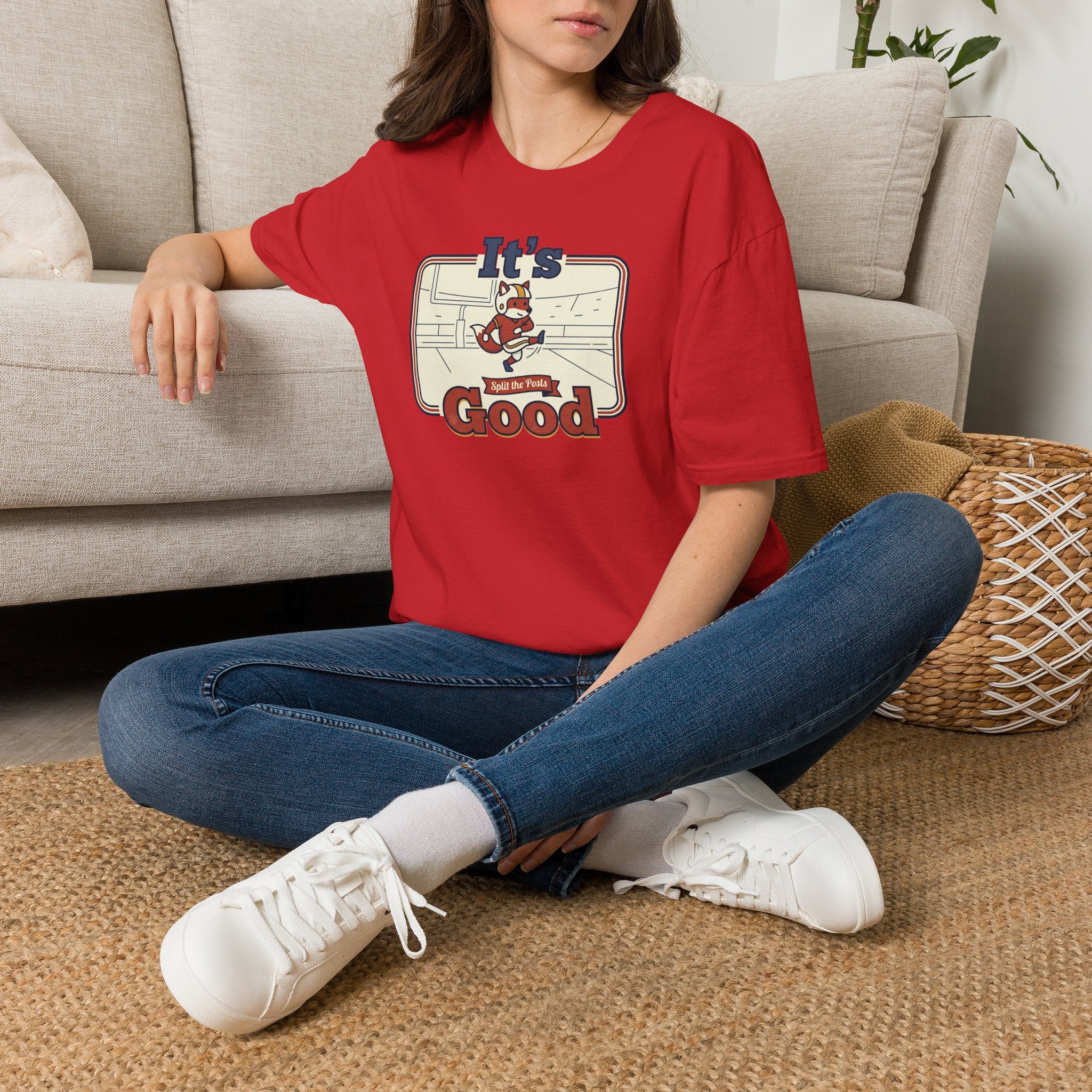 Red T-shirt with skate fox graphic and 'It’s Good' text on chest