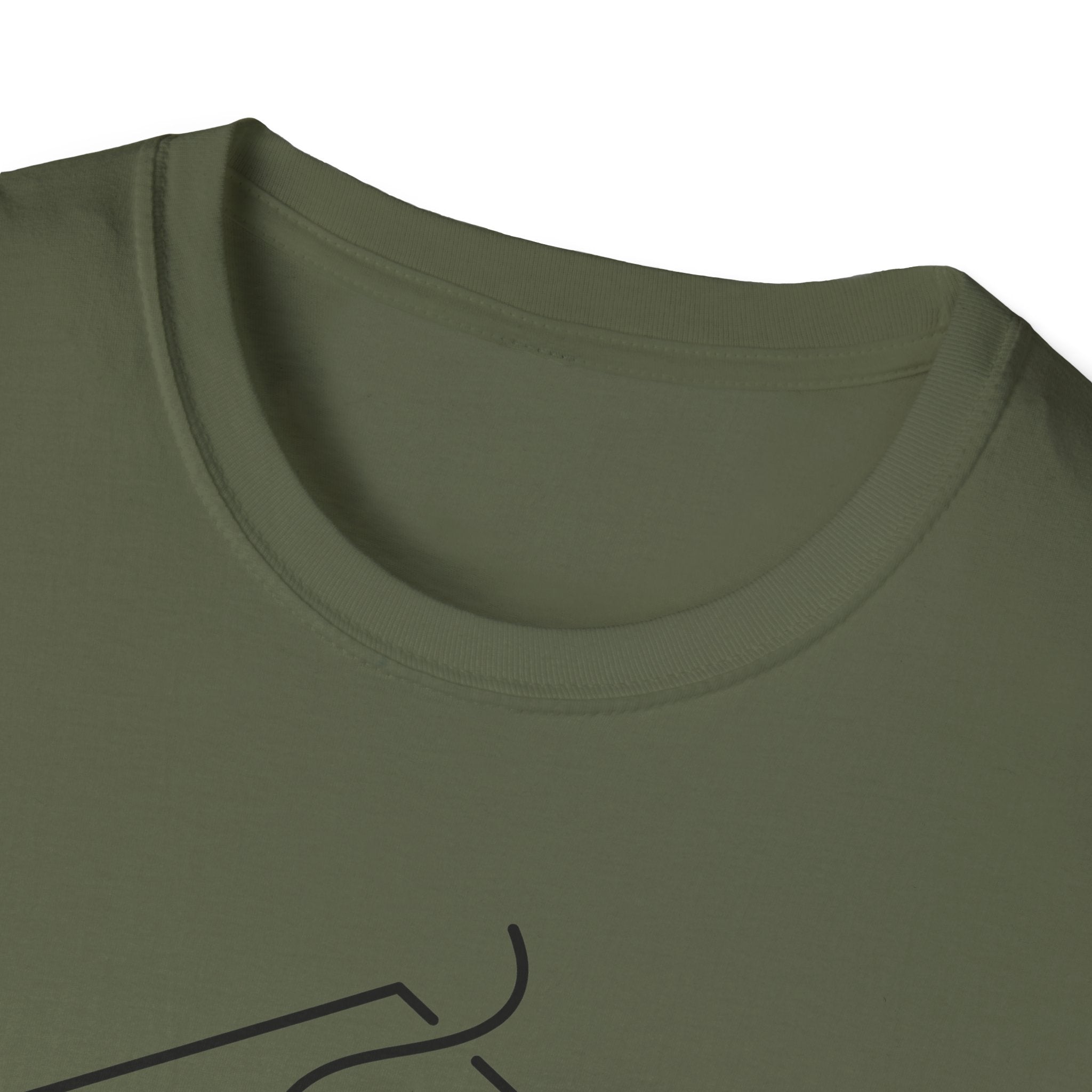 Olive green T-shirt close-up of crew neck and partial front campfire graphic