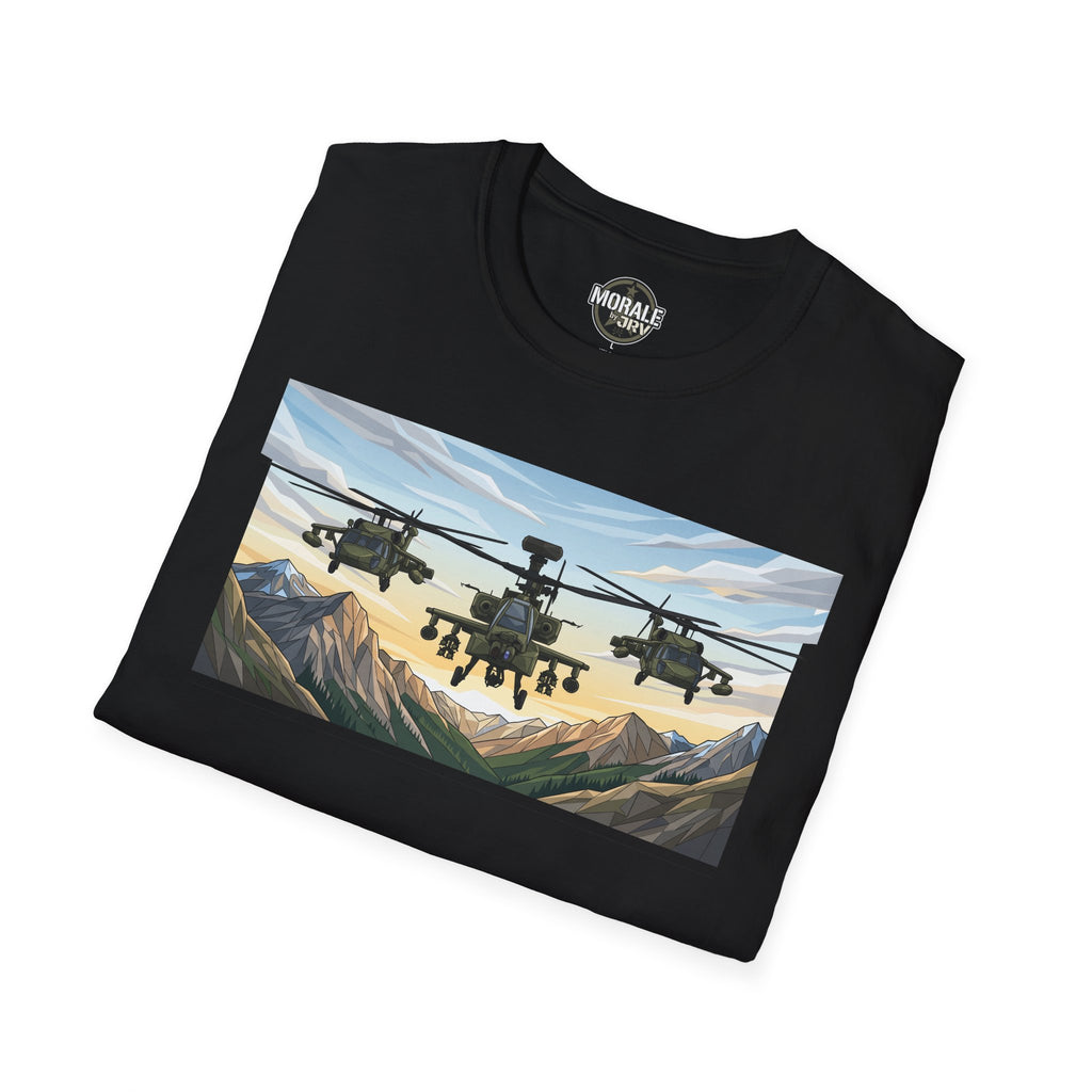 Black T-shirt with helicopter formation over mountain valley print