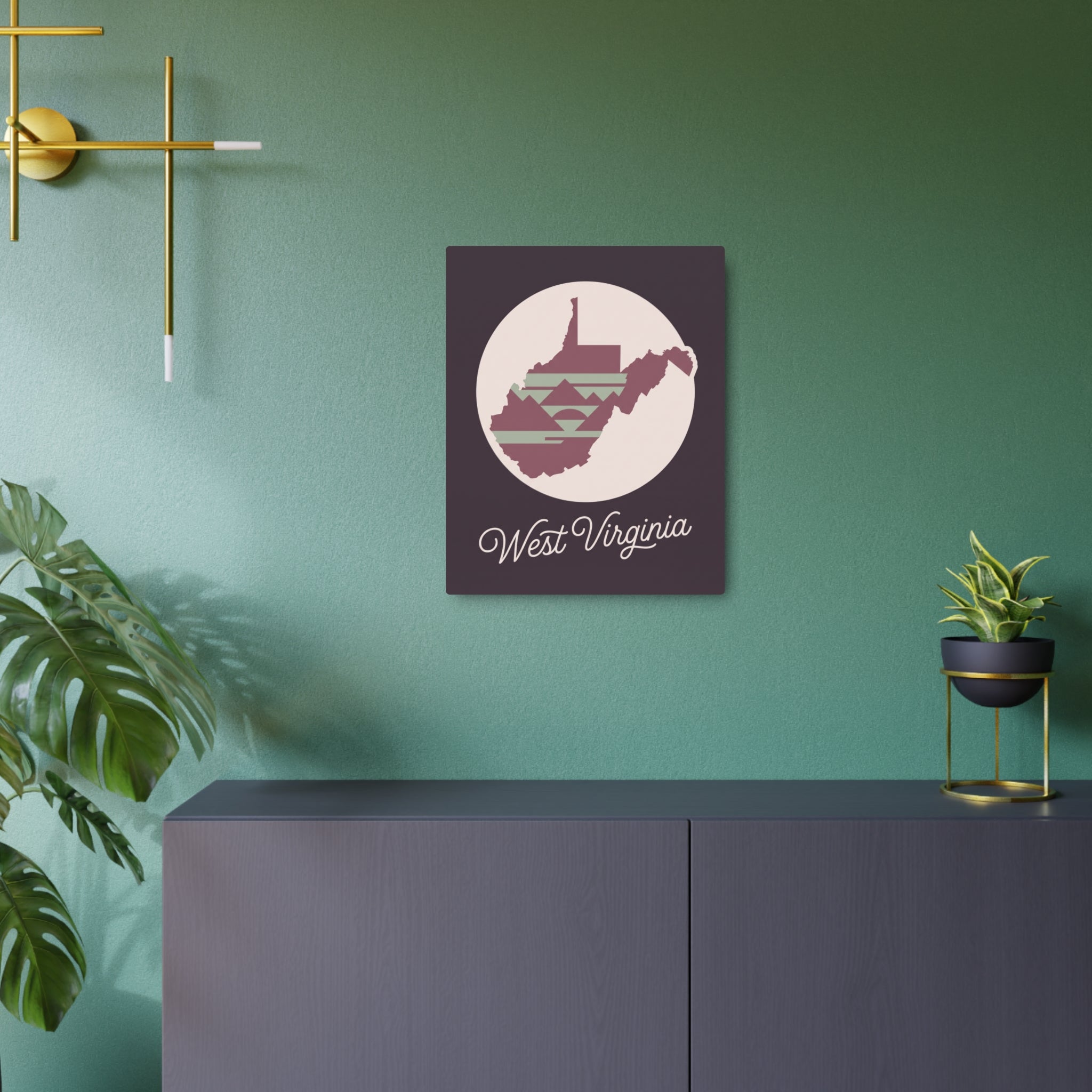West Virginia state silhouette metal wall art sign, mauve square with white mountains