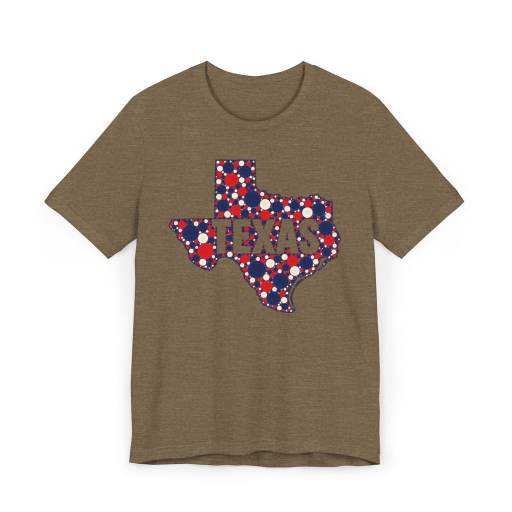 Brown T-shirt with red, blue, and white polka dot Texas outline graphic