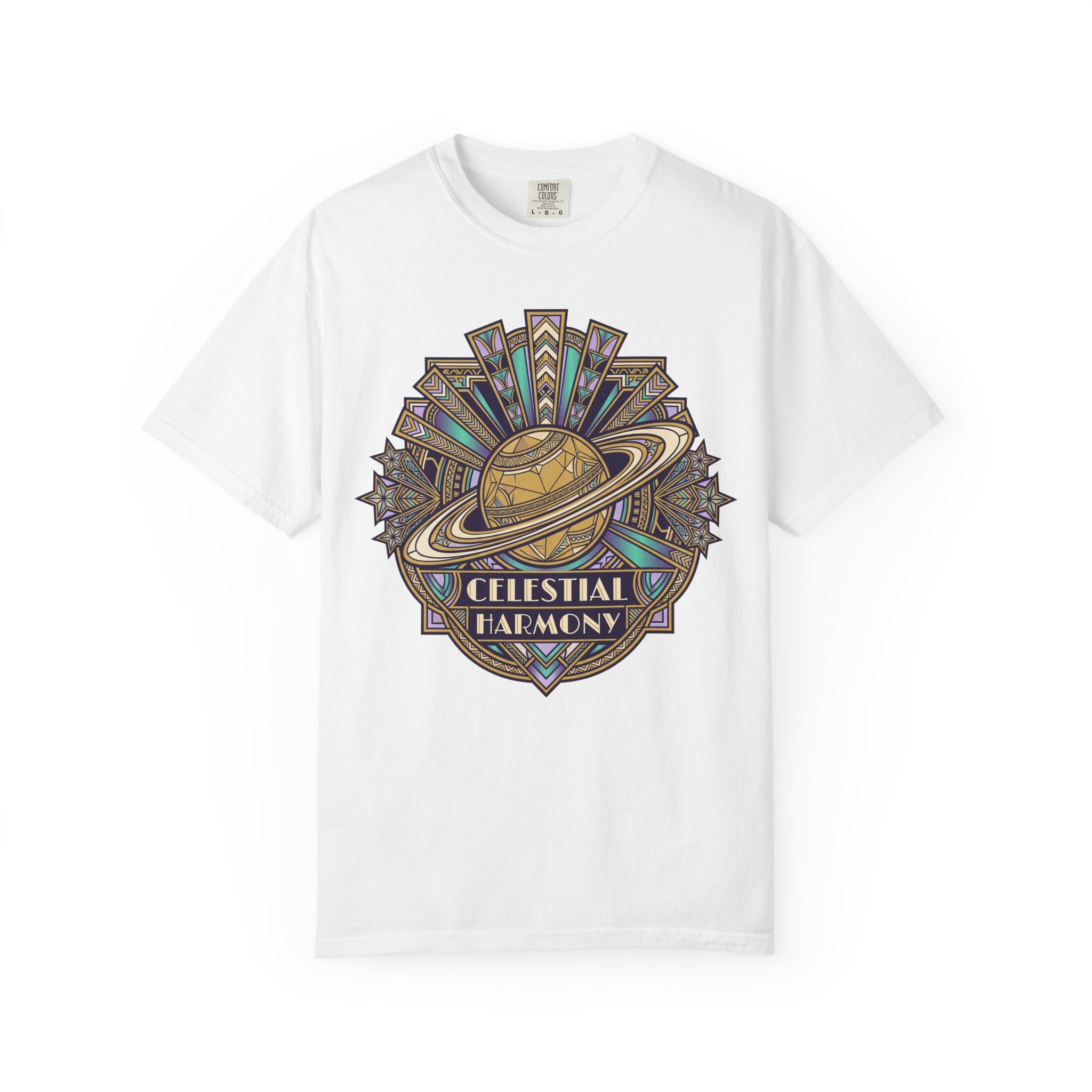 White crewneck T-shirt with Saturn-like celestial graphic on the chest