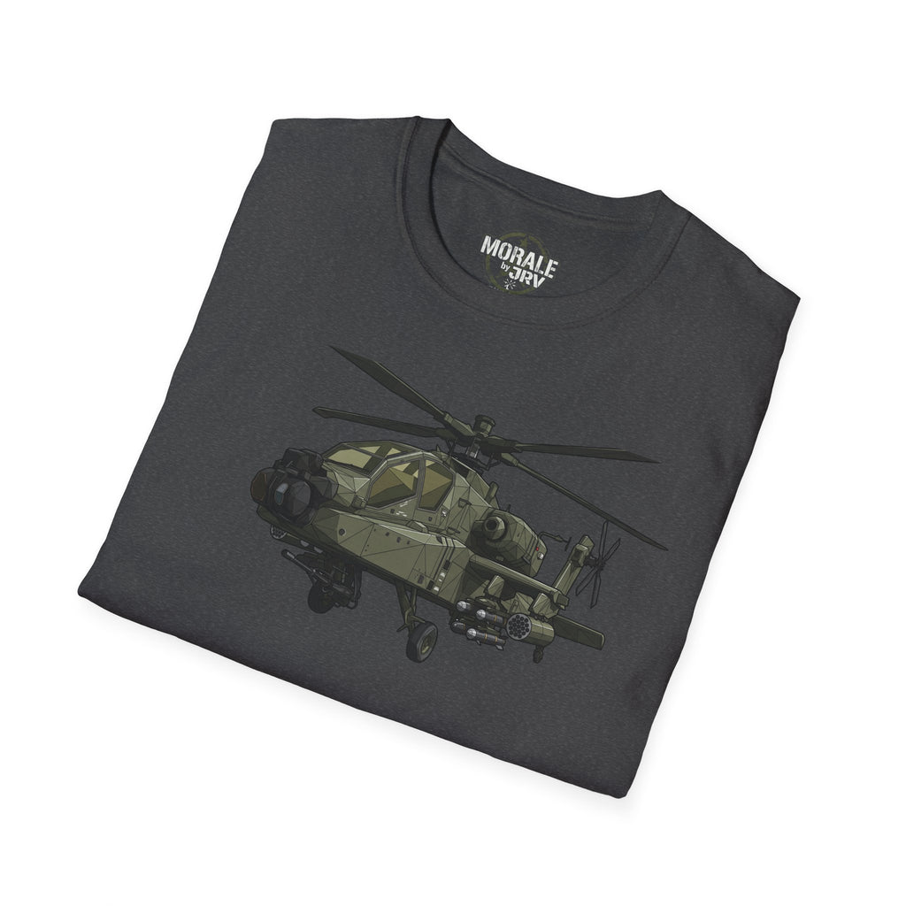 AH-64 Apache T-Shirt folded in dark heather with full helicopter graphic on front.