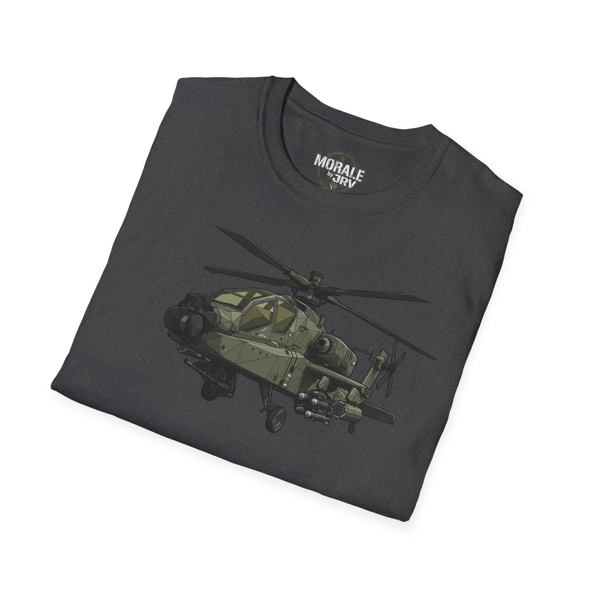 AH-64 Apache T-Shirt folded in dark heather with full helicopter graphic on front.