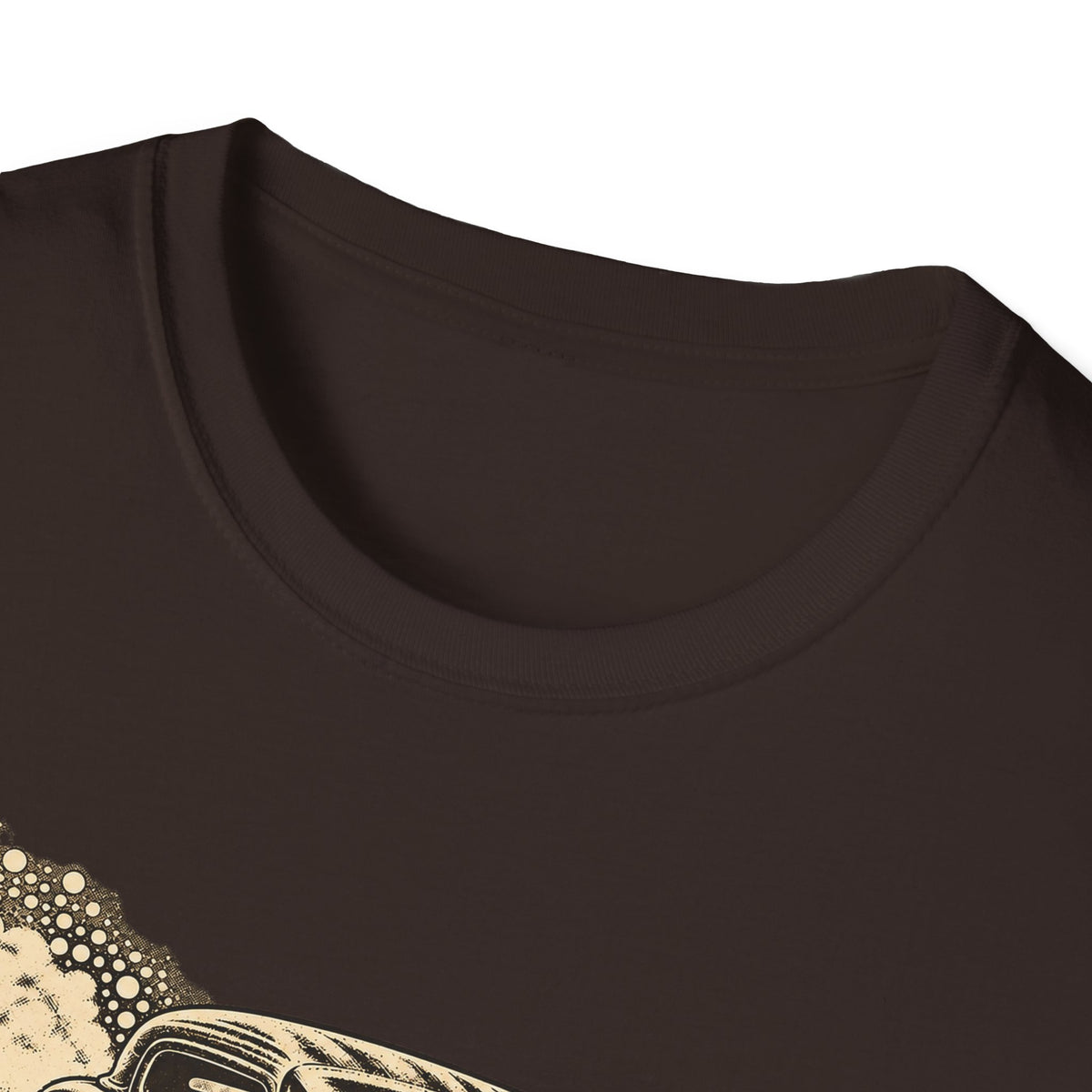 Dark brown short-sleeve T-shirt neckline close-up, no front graphic visible